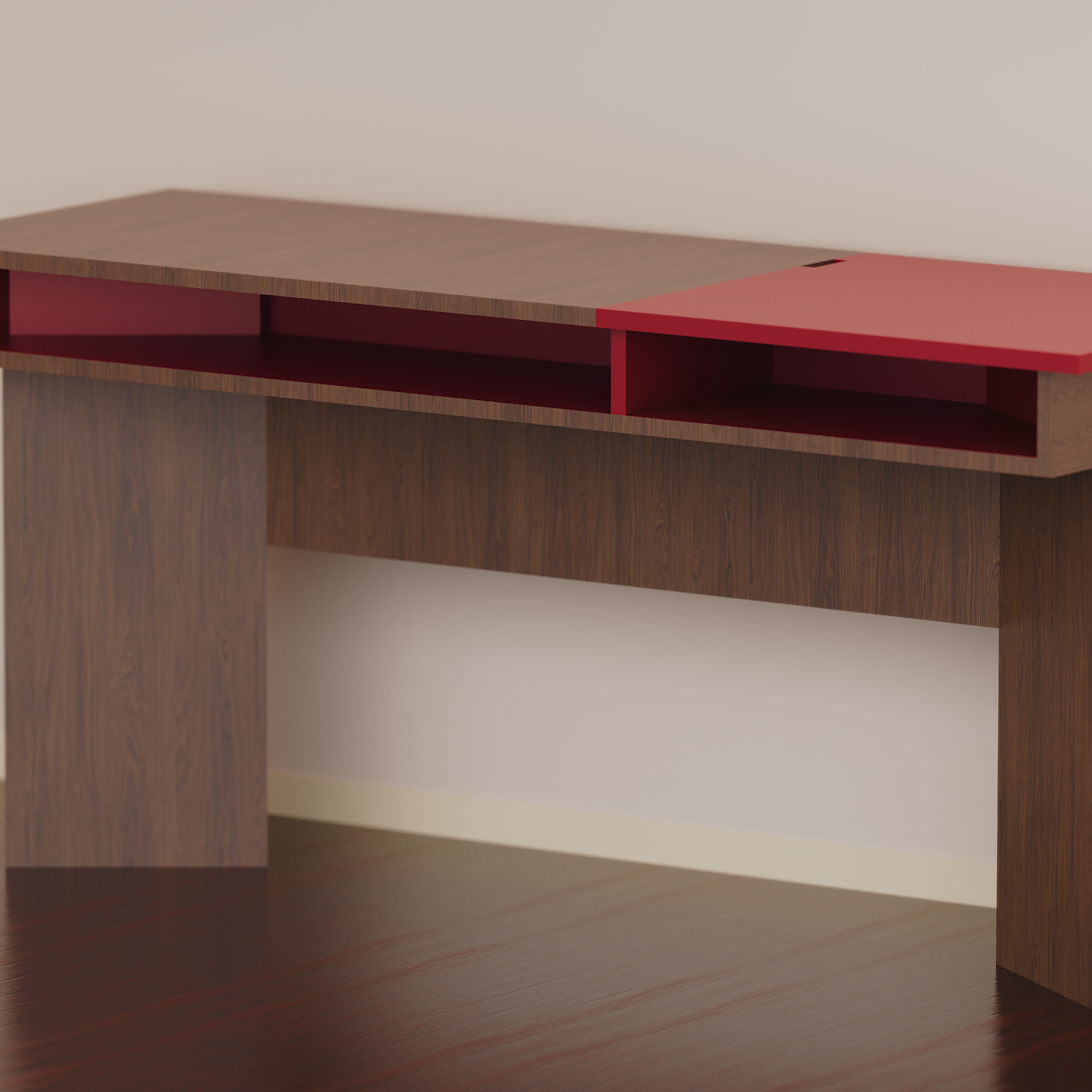 Bureau LCP 301-Bureau de couleur chêne Casella brun et rouge Bordeaux, avec une section de rangement ouverte, fabriqué par Manufacture.