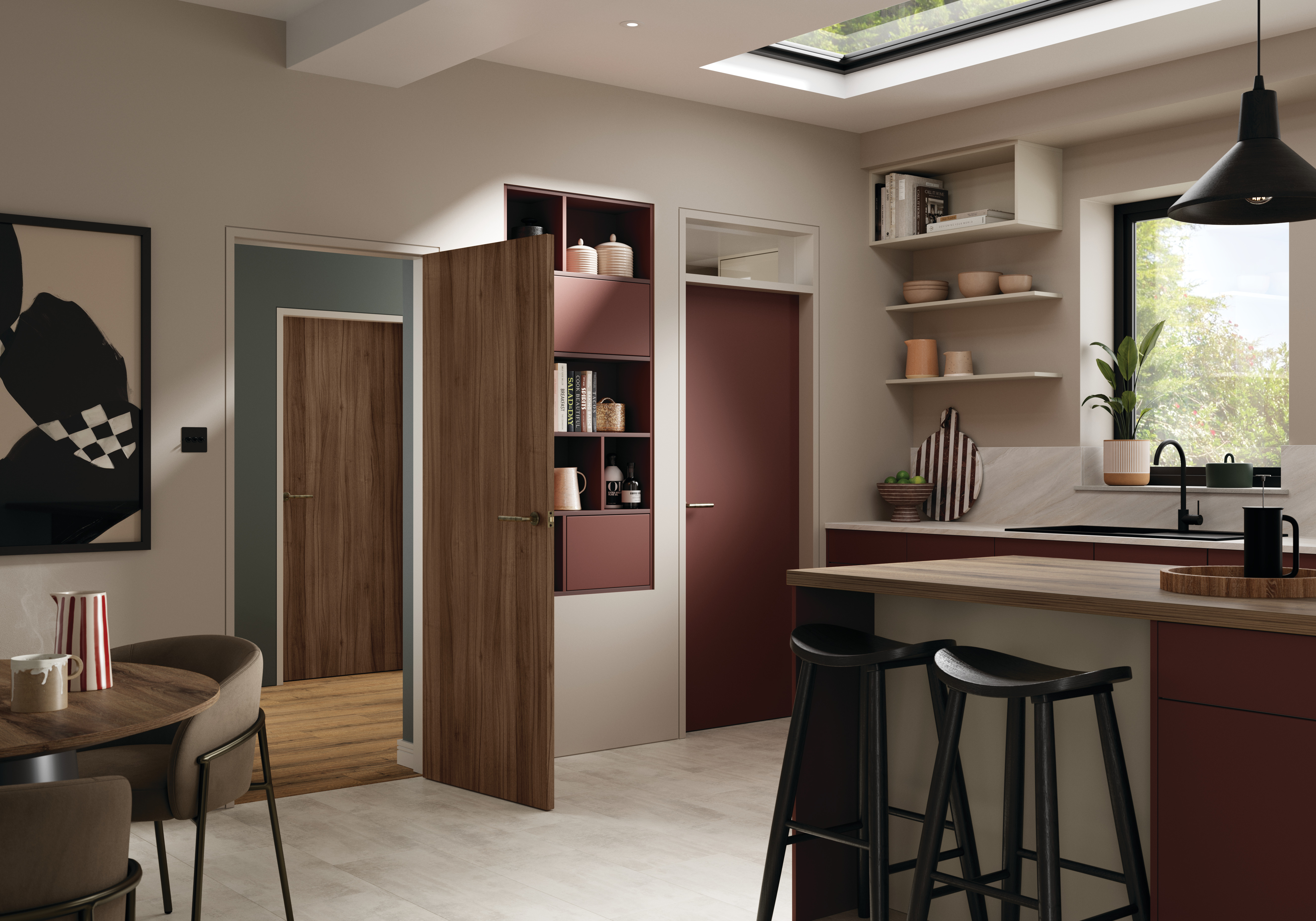 U335 ST9 Rusty Red & H3734 ST9 Natural Dijon Walnut Door Size Laminate