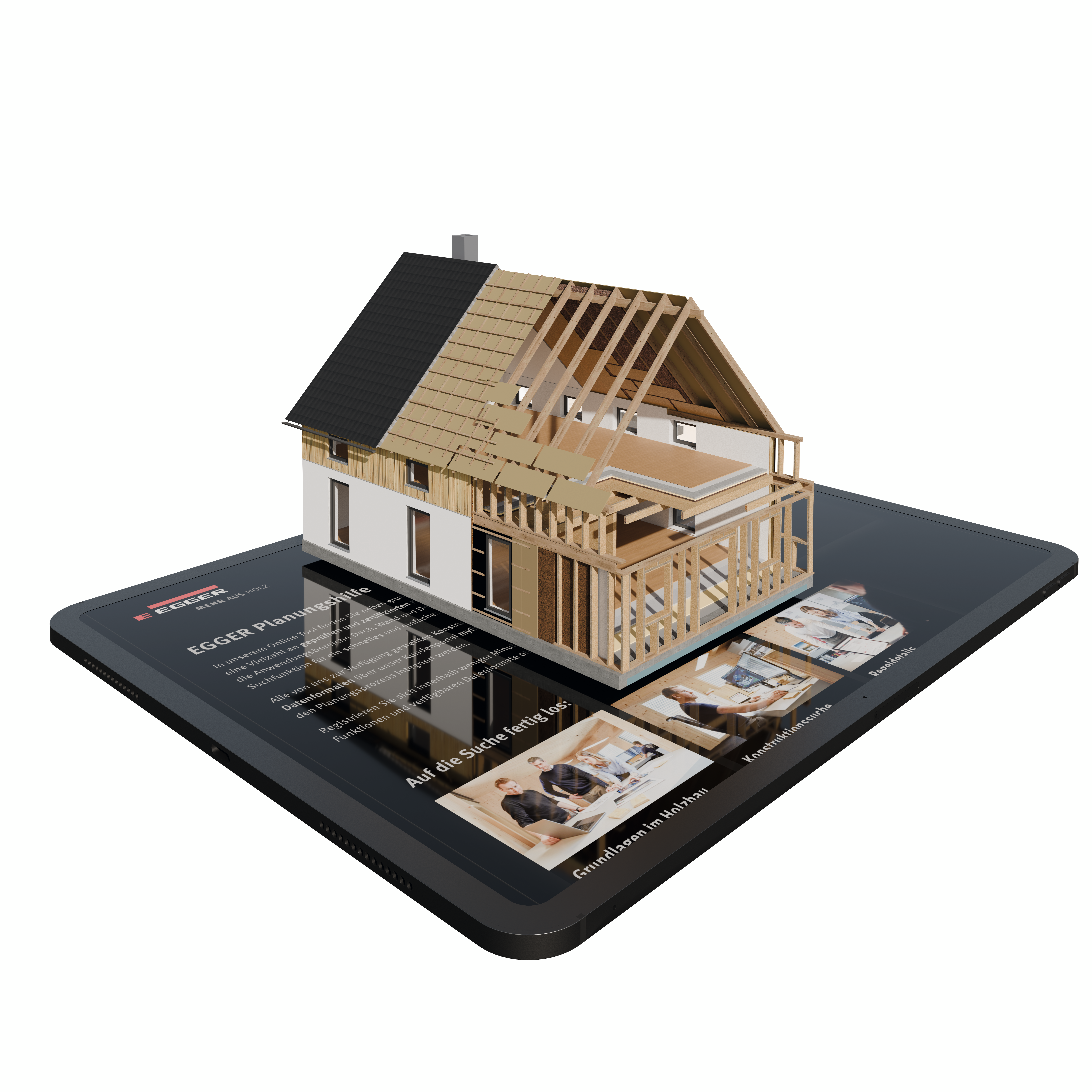 Tablet mit EGGER Planungshilfe zeigt ein 3D-Modell eines Hauses mit verbauten EGGER Bauprodukten