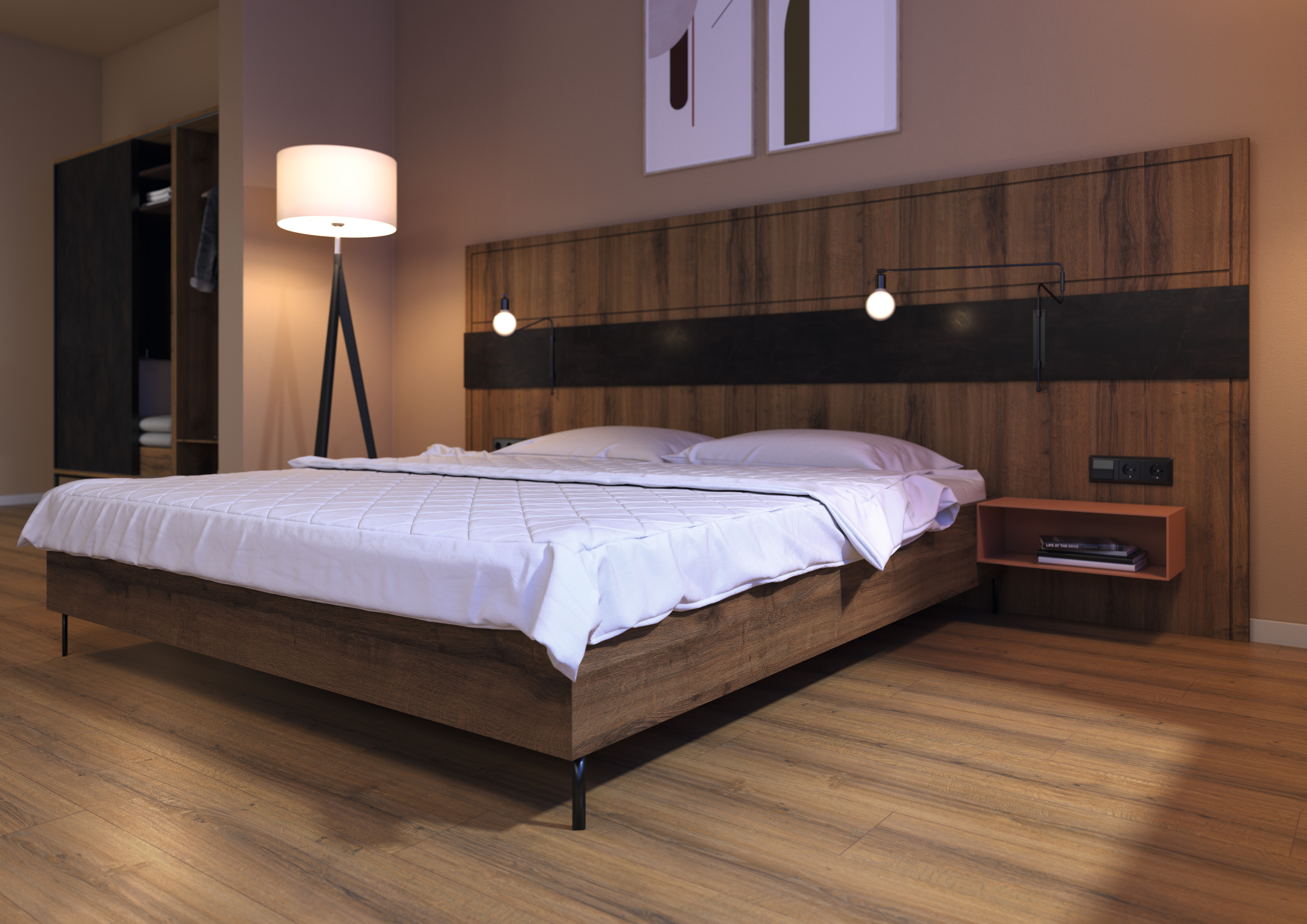 Dekor Uyumu yatak odası: Konyak Sherman Meşe. Yatak arka duvarı: Eurodekor MDF | Baza: Eurodekor yonga levha | Parke: Laminate Parke Aqua+