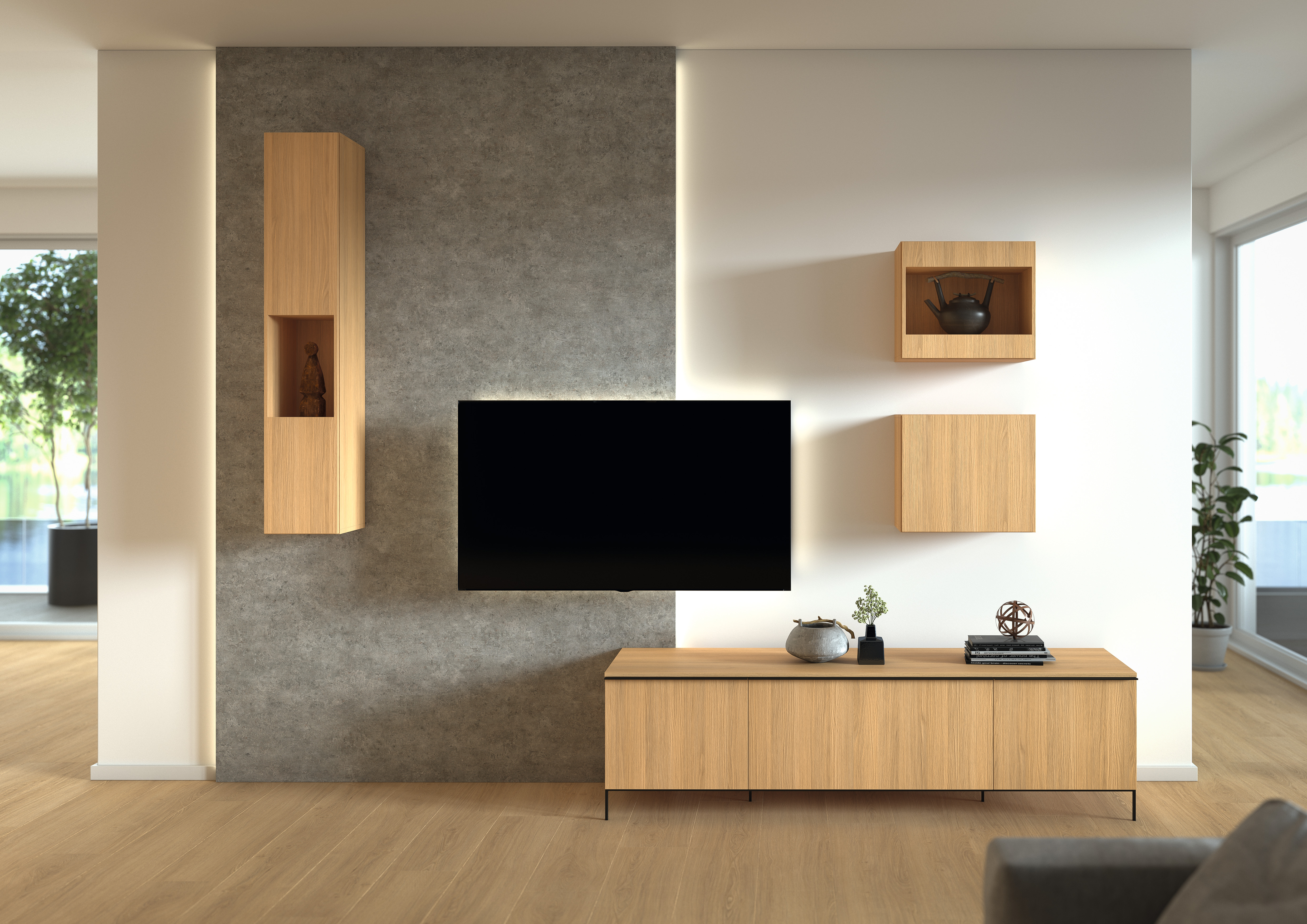 TV-Wand im Wohnzimmer mit EGGER DecoWall lässt lästige TV-Kabel und Steckdose verschwinden. Die integrierte LED Lichtleiste sorgt für eine schöne Atmosphäre.