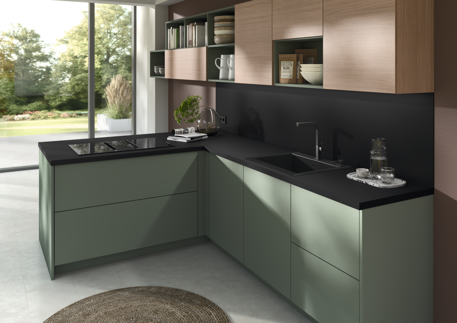  Cucina moderna con superfici opache combinate in modo armonioso con un decoro effetto legno