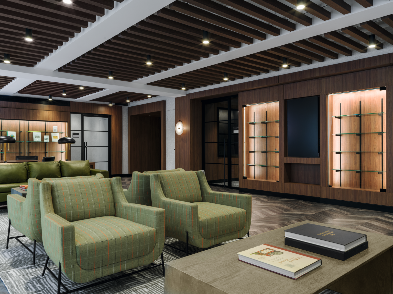 Accent shelving and wall paneling in H3791 ST12 Auburn Carini Walnut. 