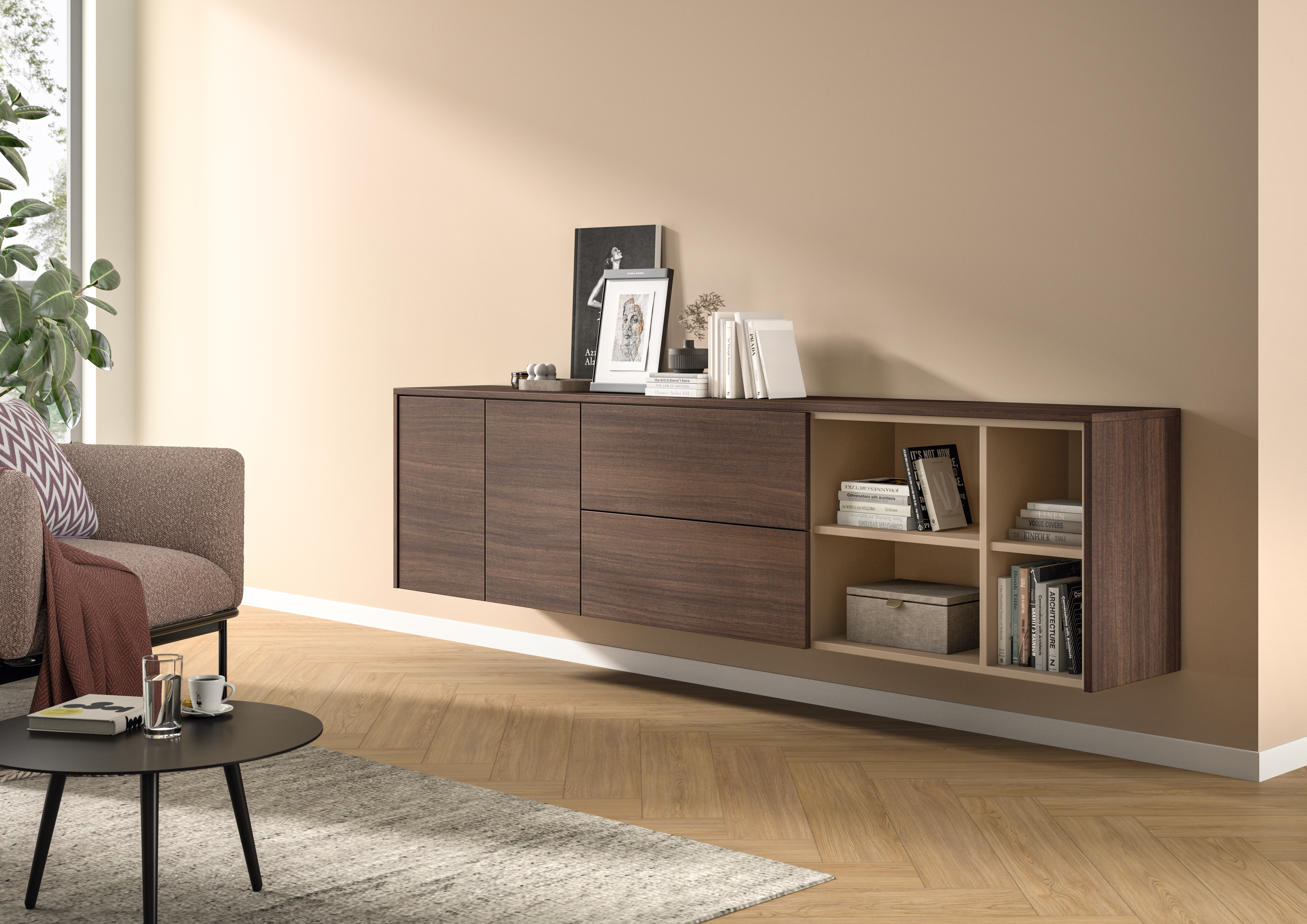  Wood-optic sideboard in a living room