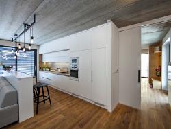 A purposefully designed house with a dominant kitchen in which wood and industrial elements create an attractive impression.
