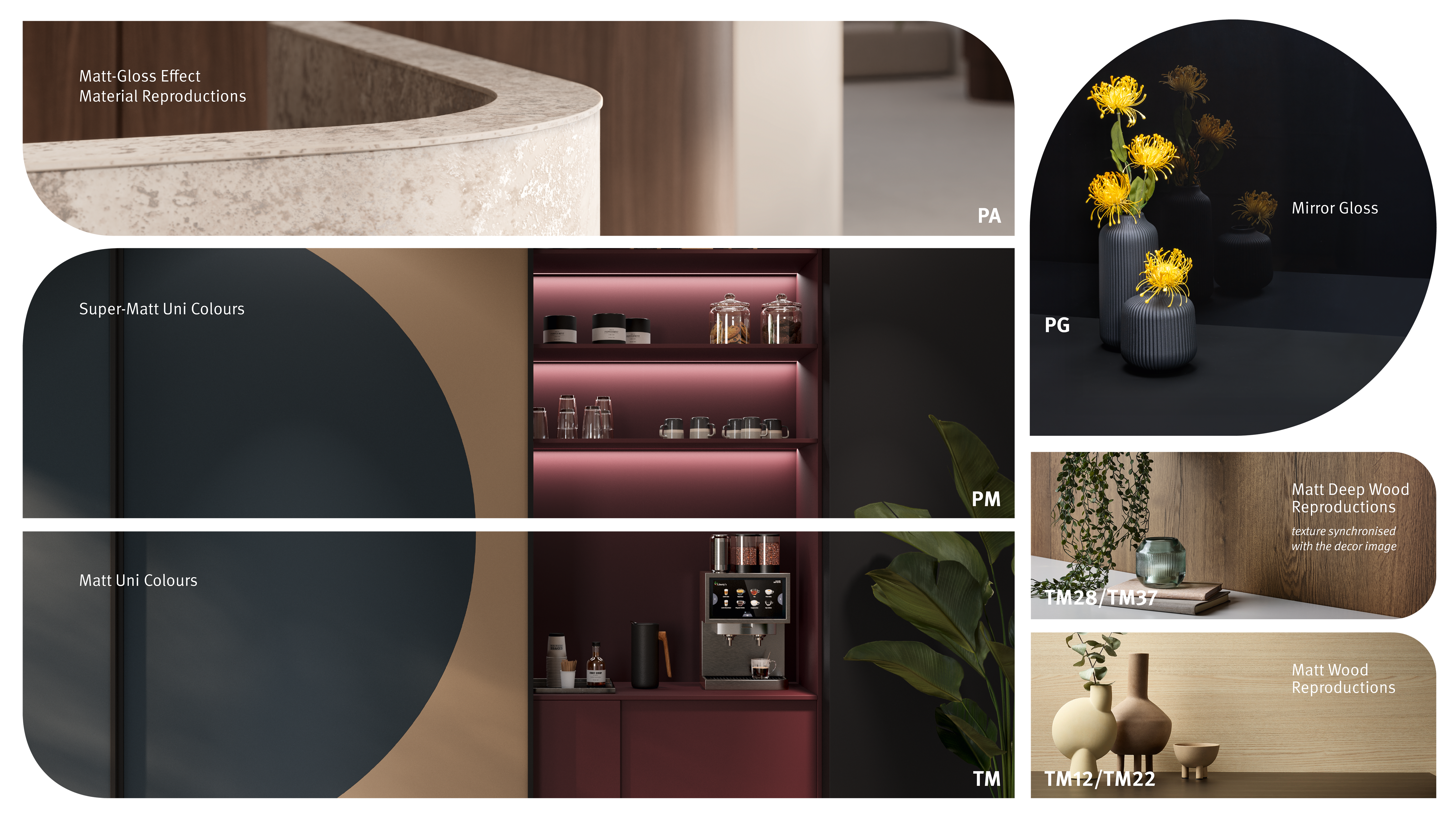 Cafeteria with bar tables consisting of lacquered surfaces 