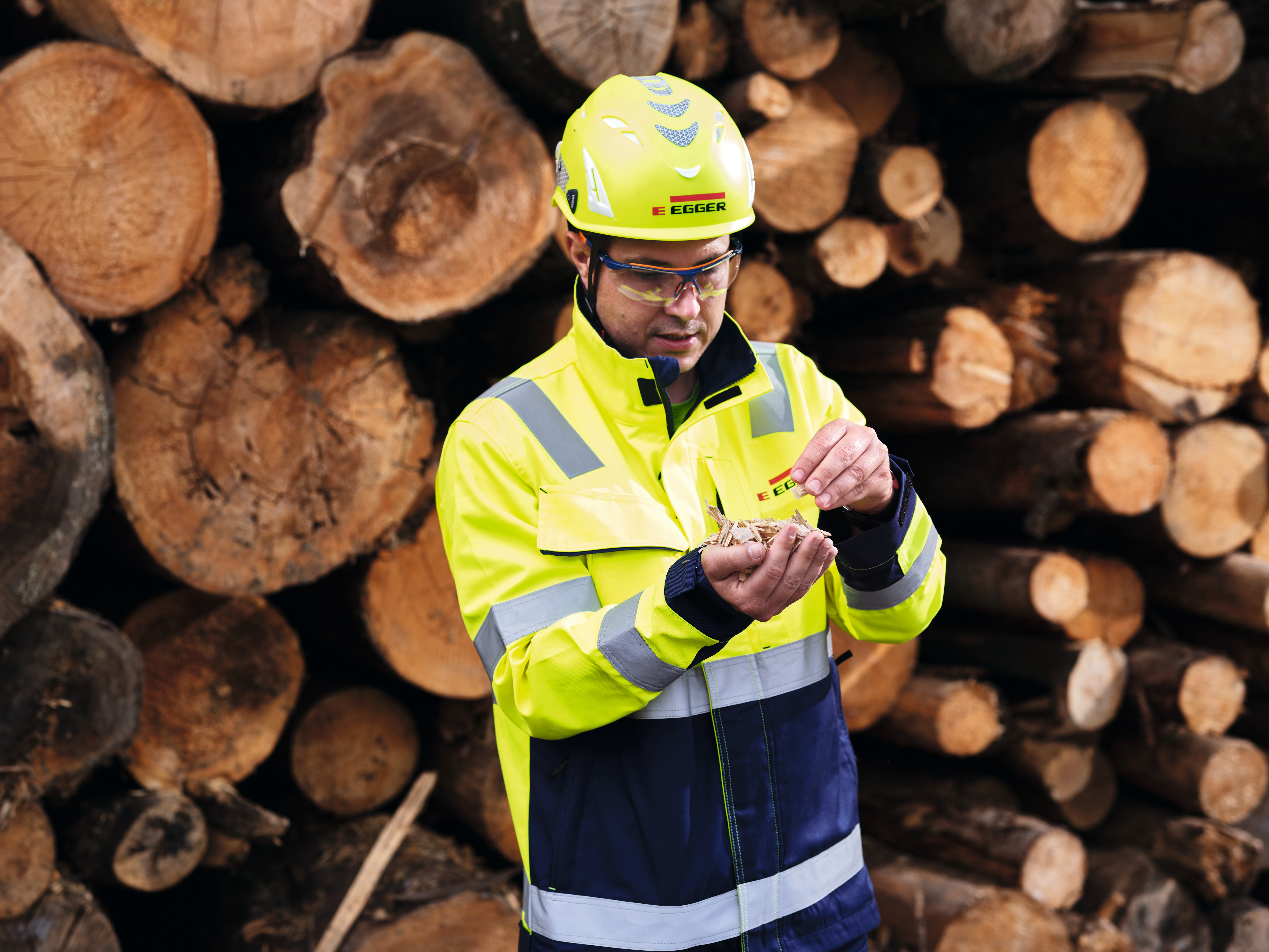 Employee in front of a stack of roundwood