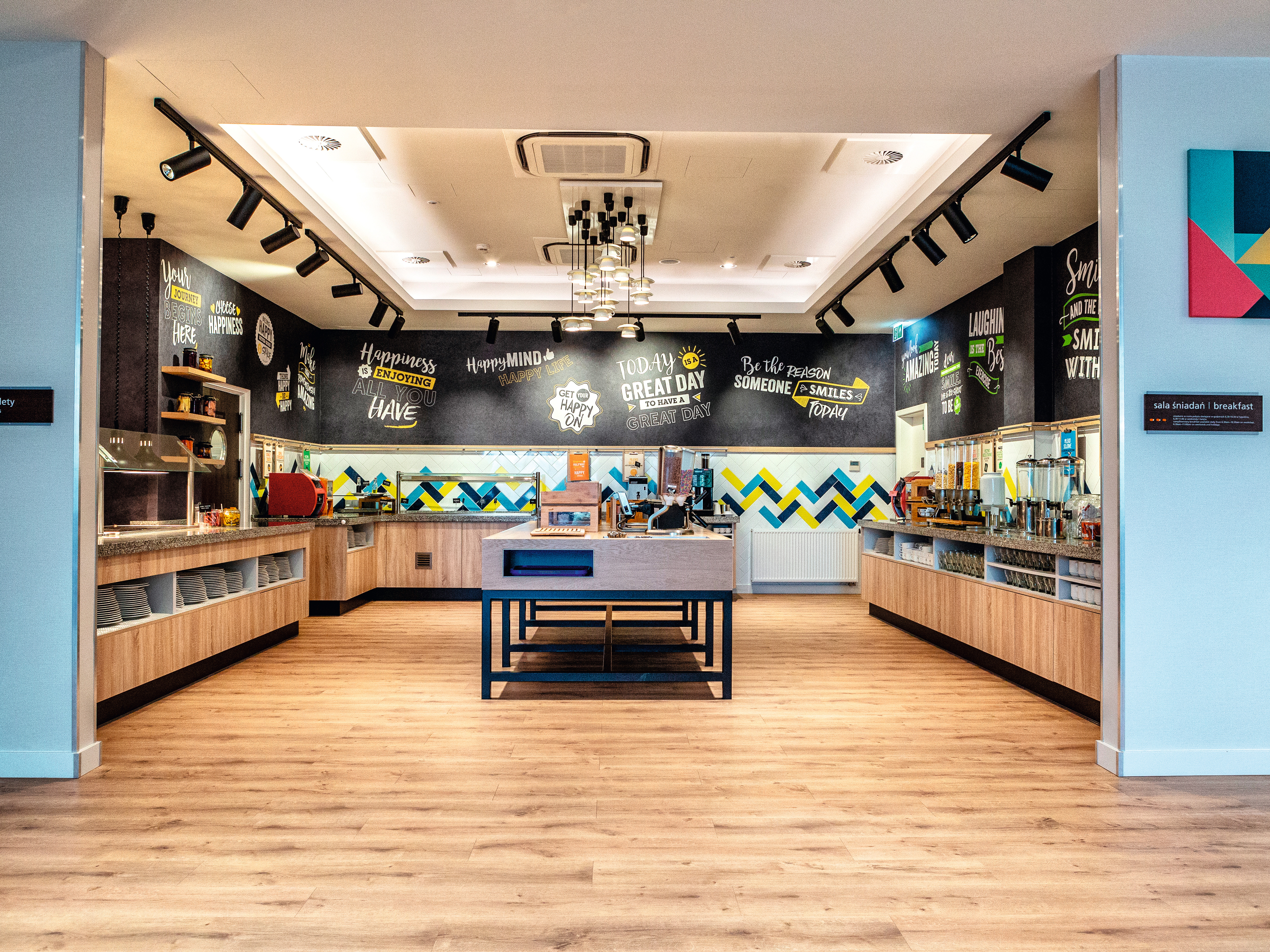 The modern buffet area in the hotel is eye-catching.