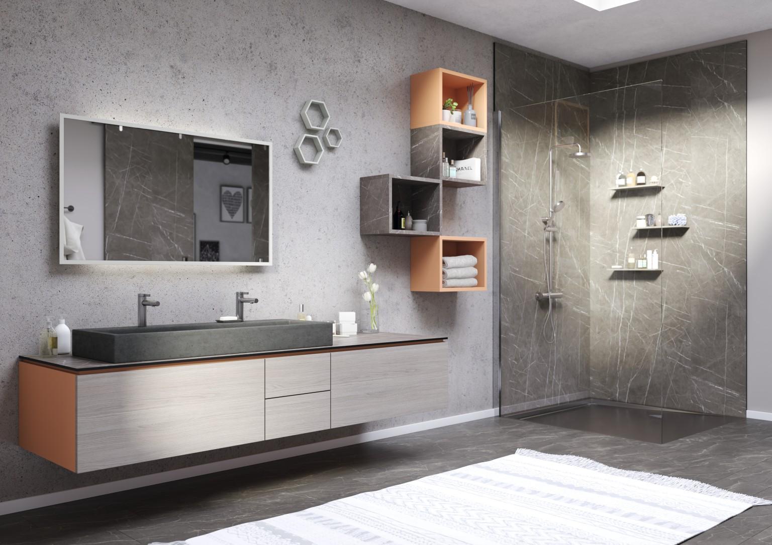 Кухня в Decor Match: Дъб Шермън Коняк. Кухненски плот: Работен плот Feelwood с кант | Подова настилка: Ламиниран паркет Aqua+