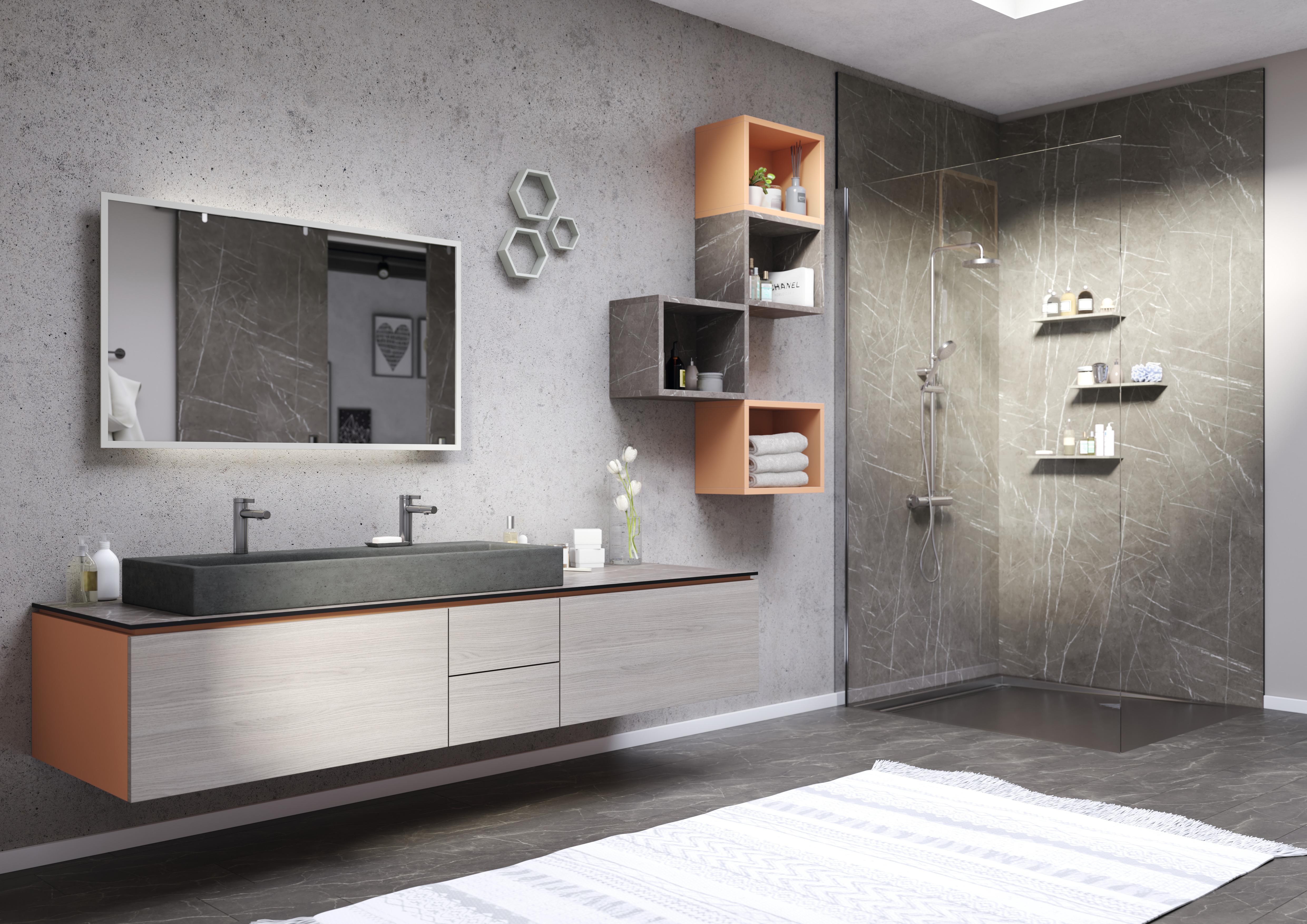 Decor Match bucătărie: Stejar Sherman maro cognac. Blat de lucru: Blat de lucru Feelwood cu cant drept | Pardoseală: Pardoseală laminată Aqua+" alt="Decor Match bucătărie: Stejar Sherman