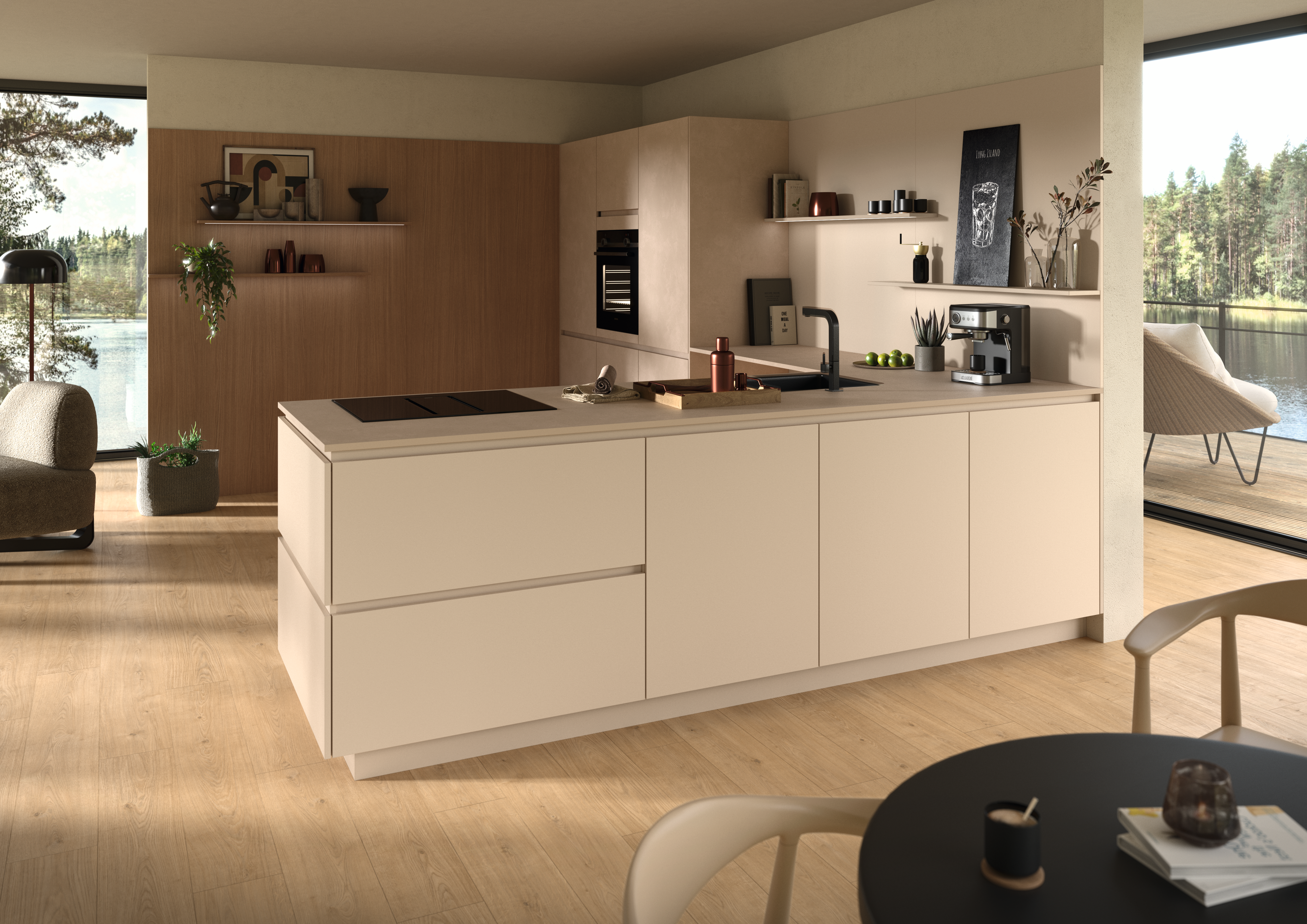 Light-coloured kitchen in Sand Beige with identification of the EGGER products used