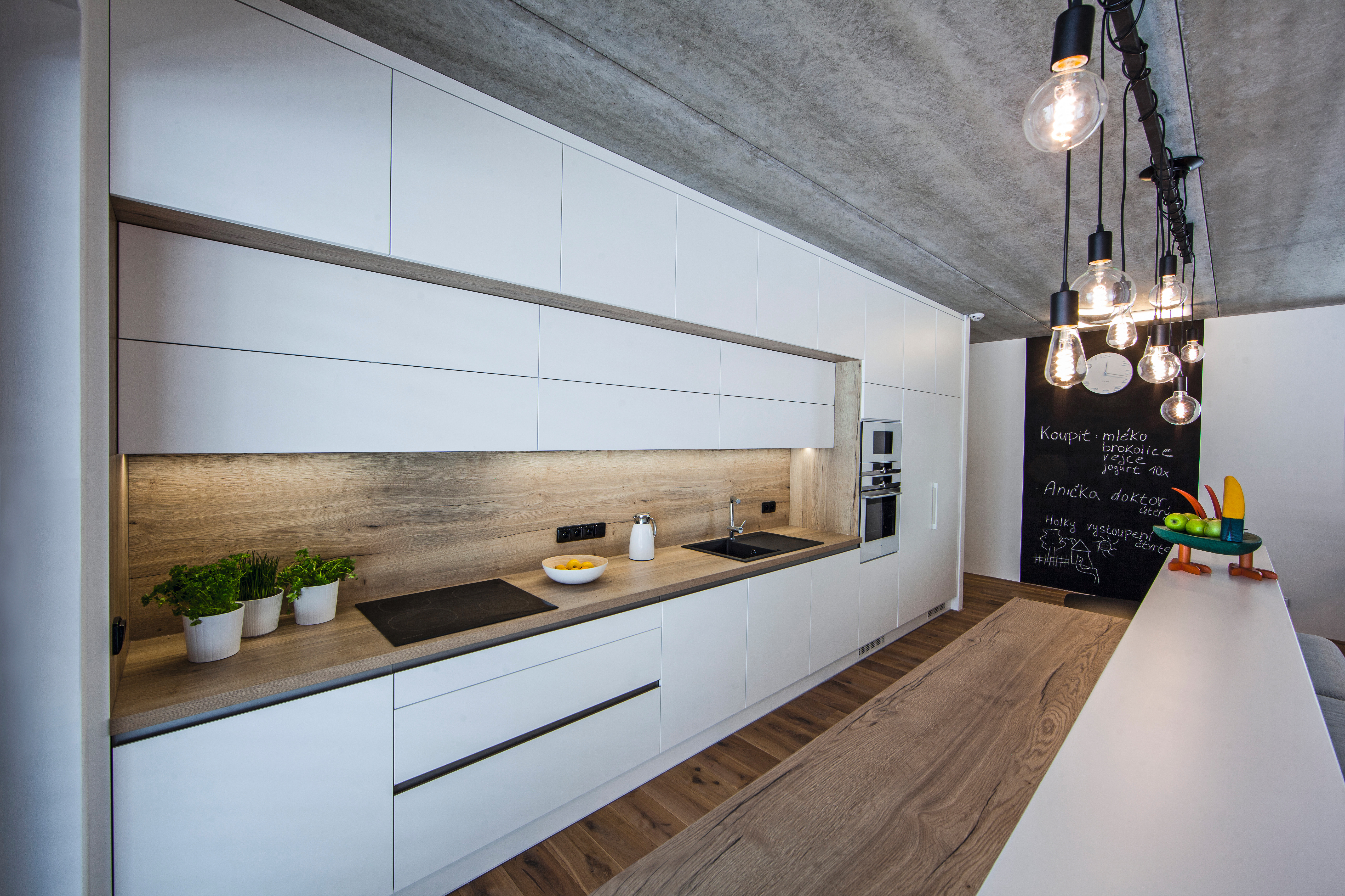 The oak decor creates an attractive contrast to the white in the modern kitchen rendered in a clean, minimalist style.