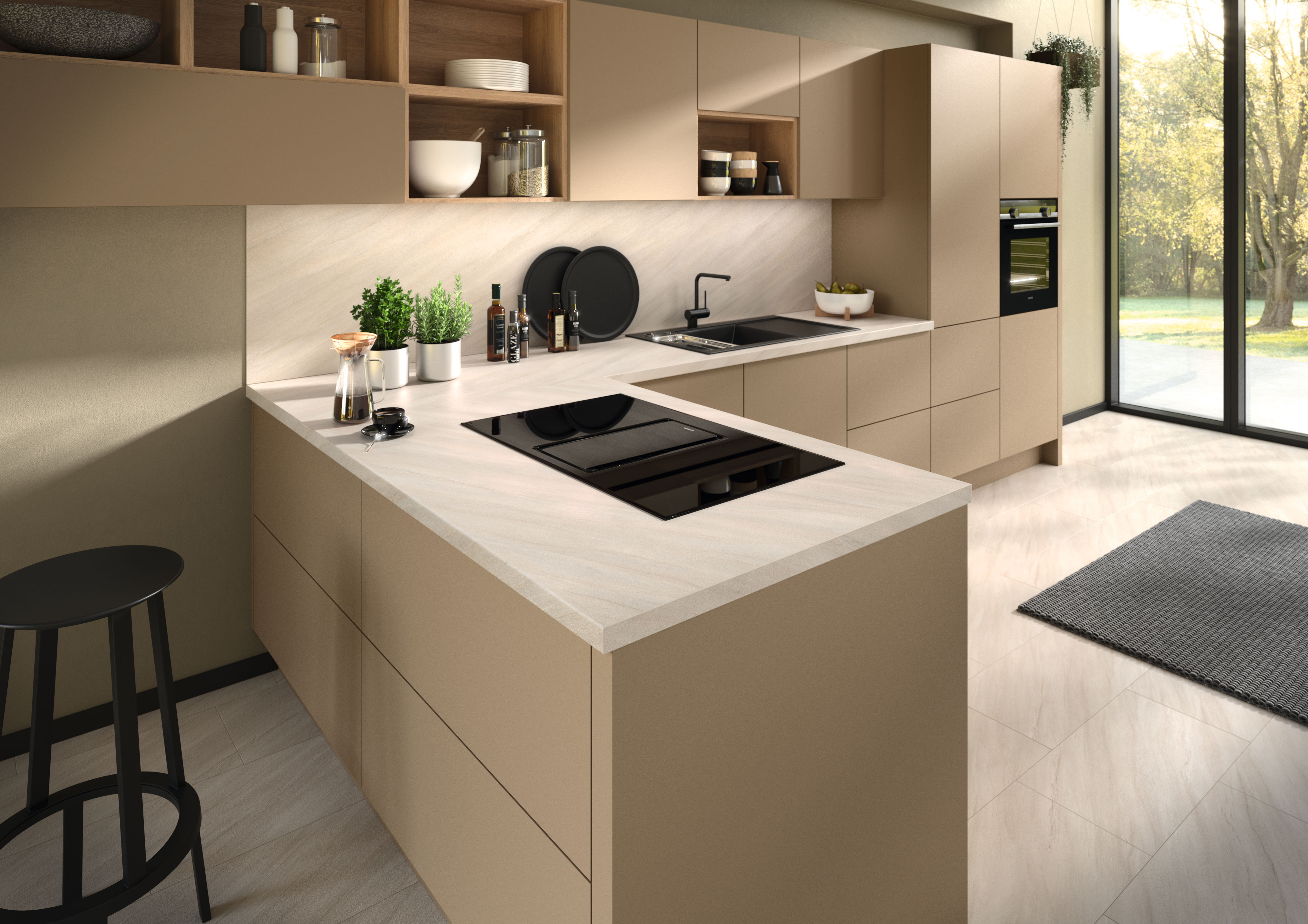 Kitchen in Caramel Beige with splashback in Sand Grey Calvia Stone
