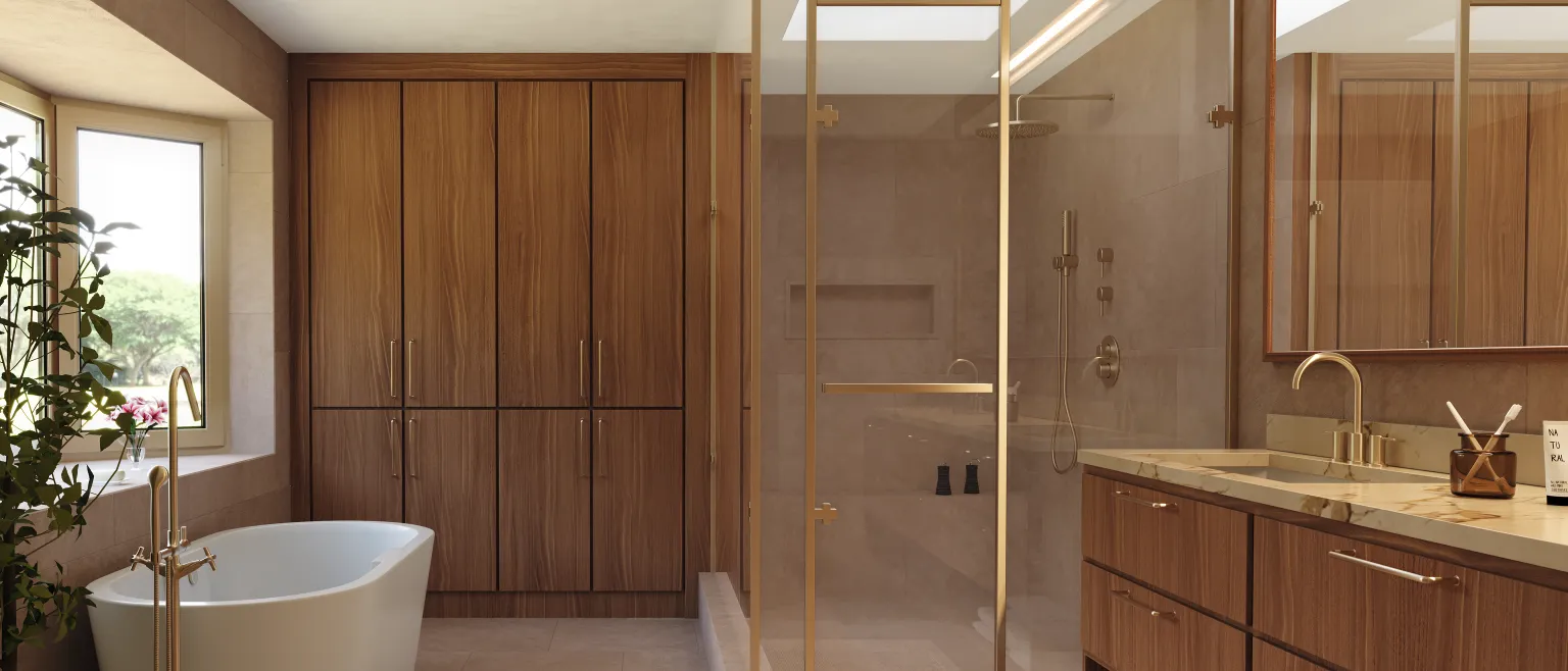 EGGER manufacturer bathroom setting showing decorative furniture surfaces