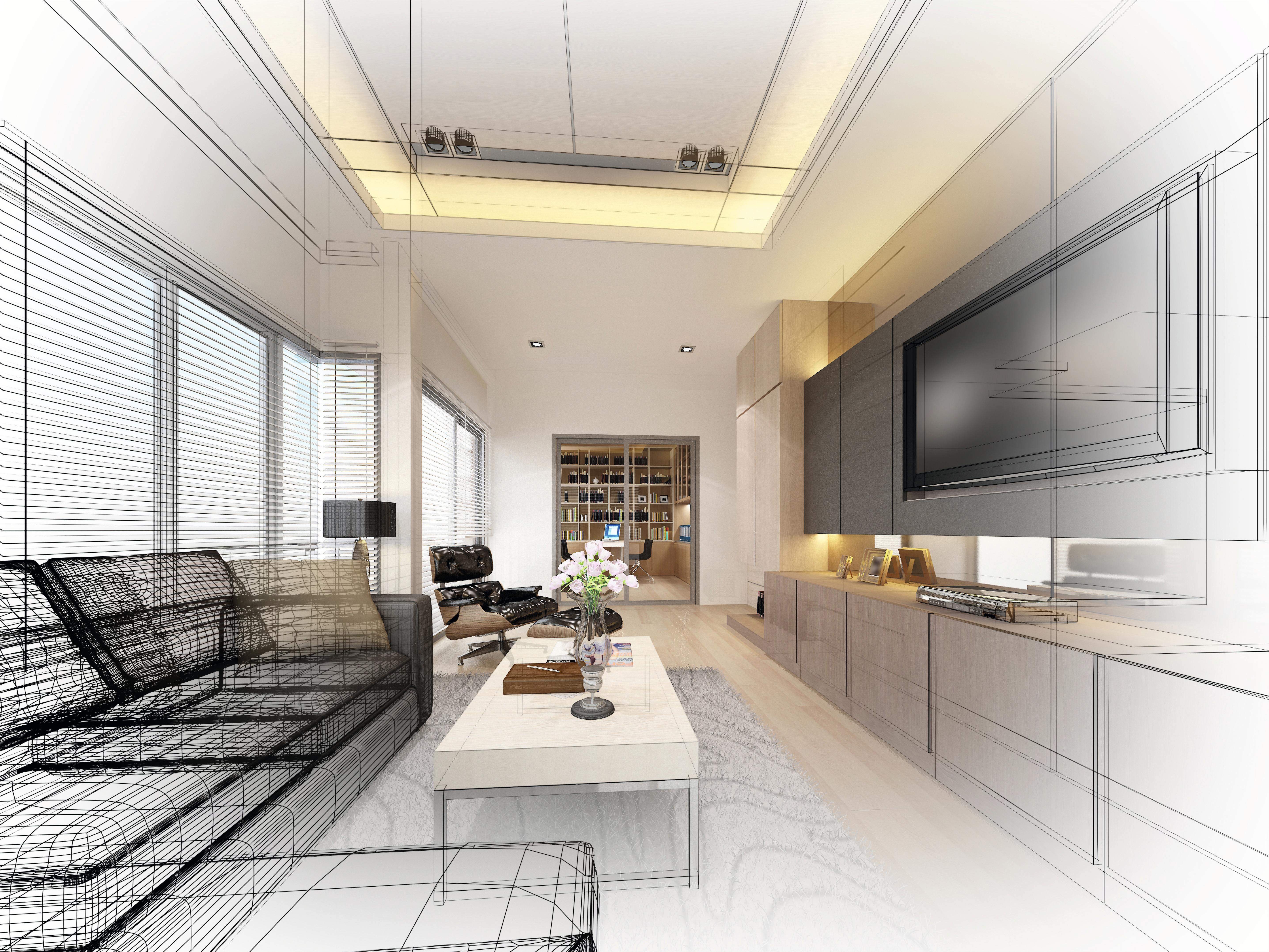 Graphical representation of a living room in a CAD programme