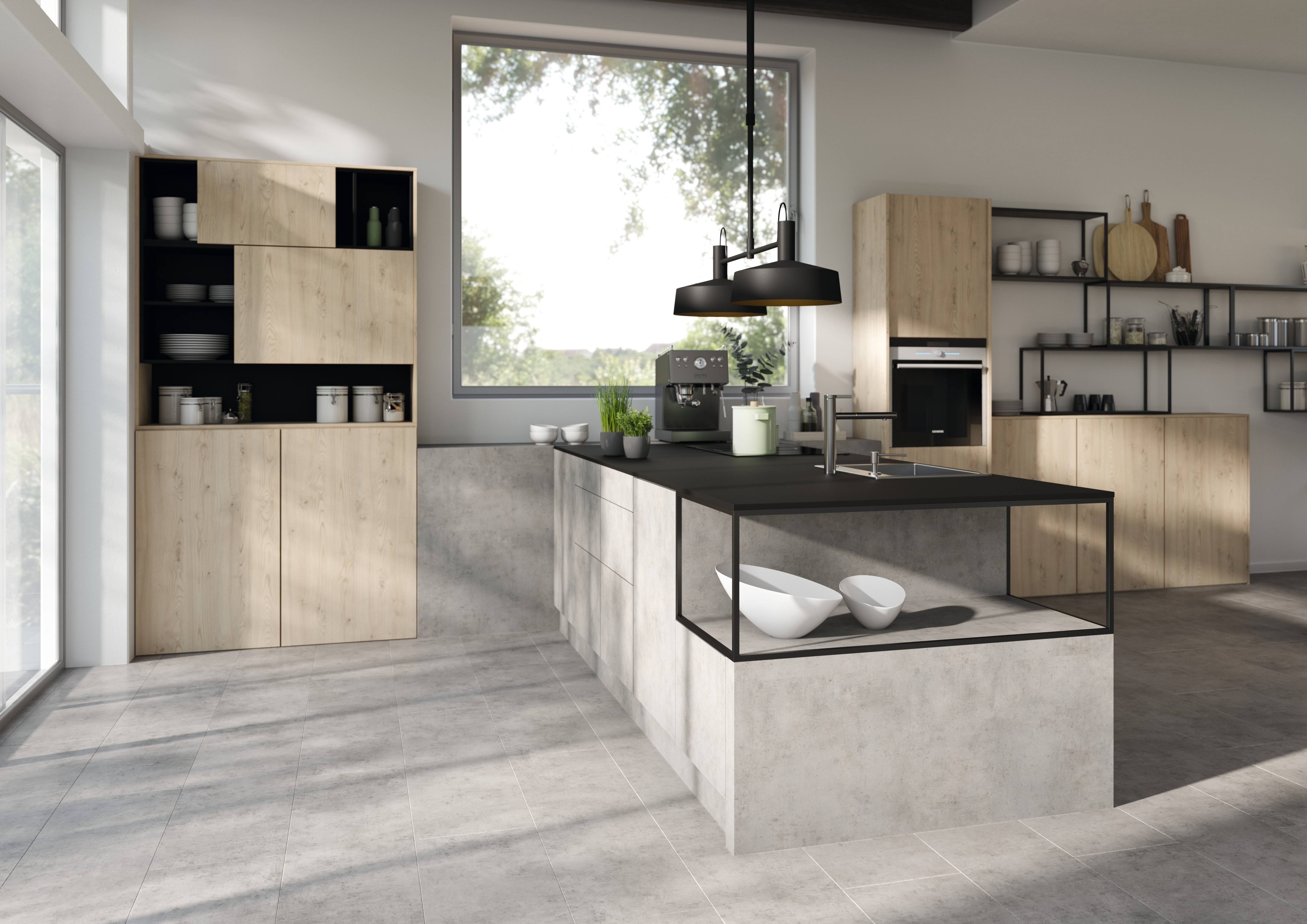 花色匹配的厨房：浅灰芝加哥水泥柜子正面：Eurodekor 双饰面板 | 地板：Aqua+ 强化木地板