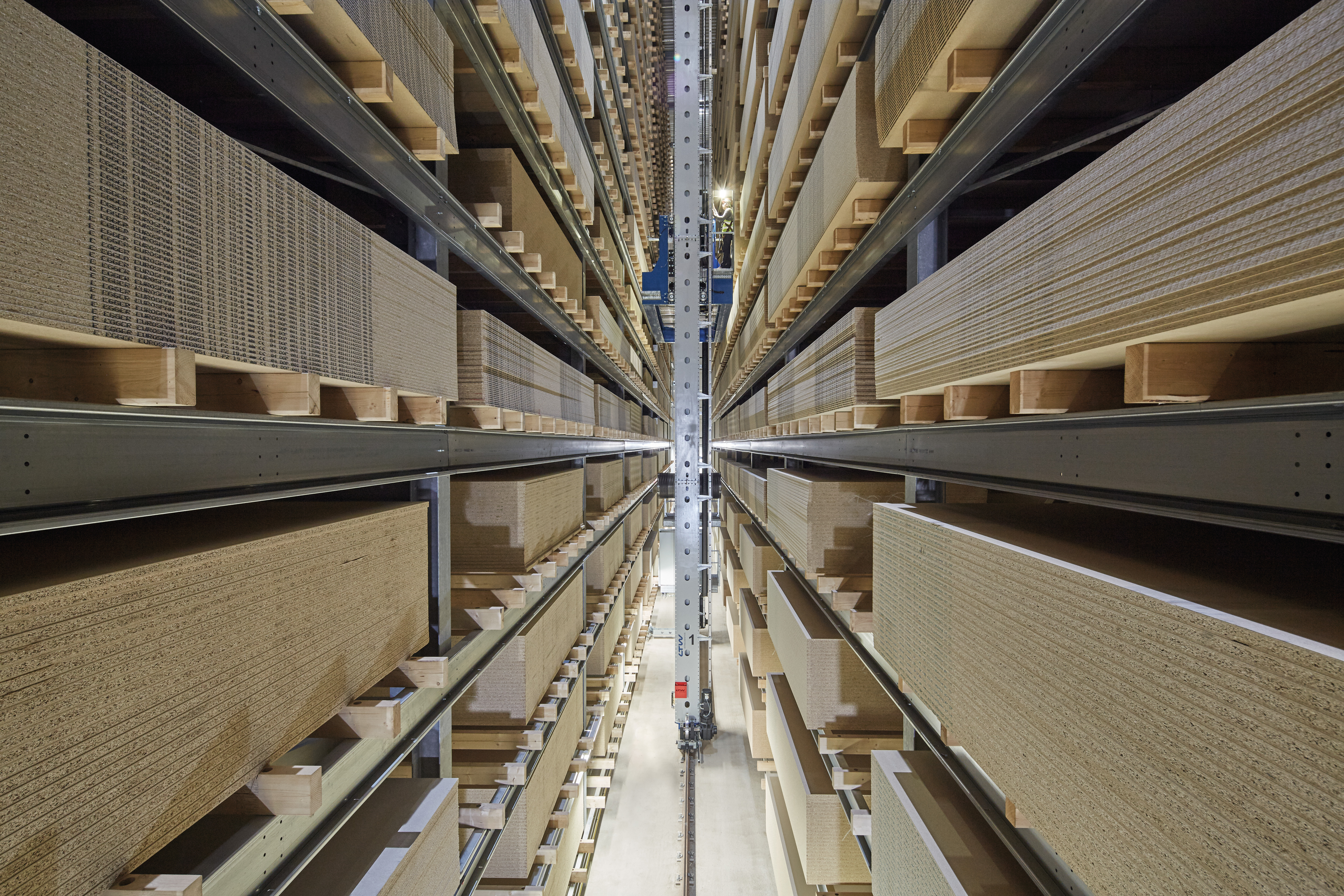 Inside view of the high-bay warehouse with stored boards