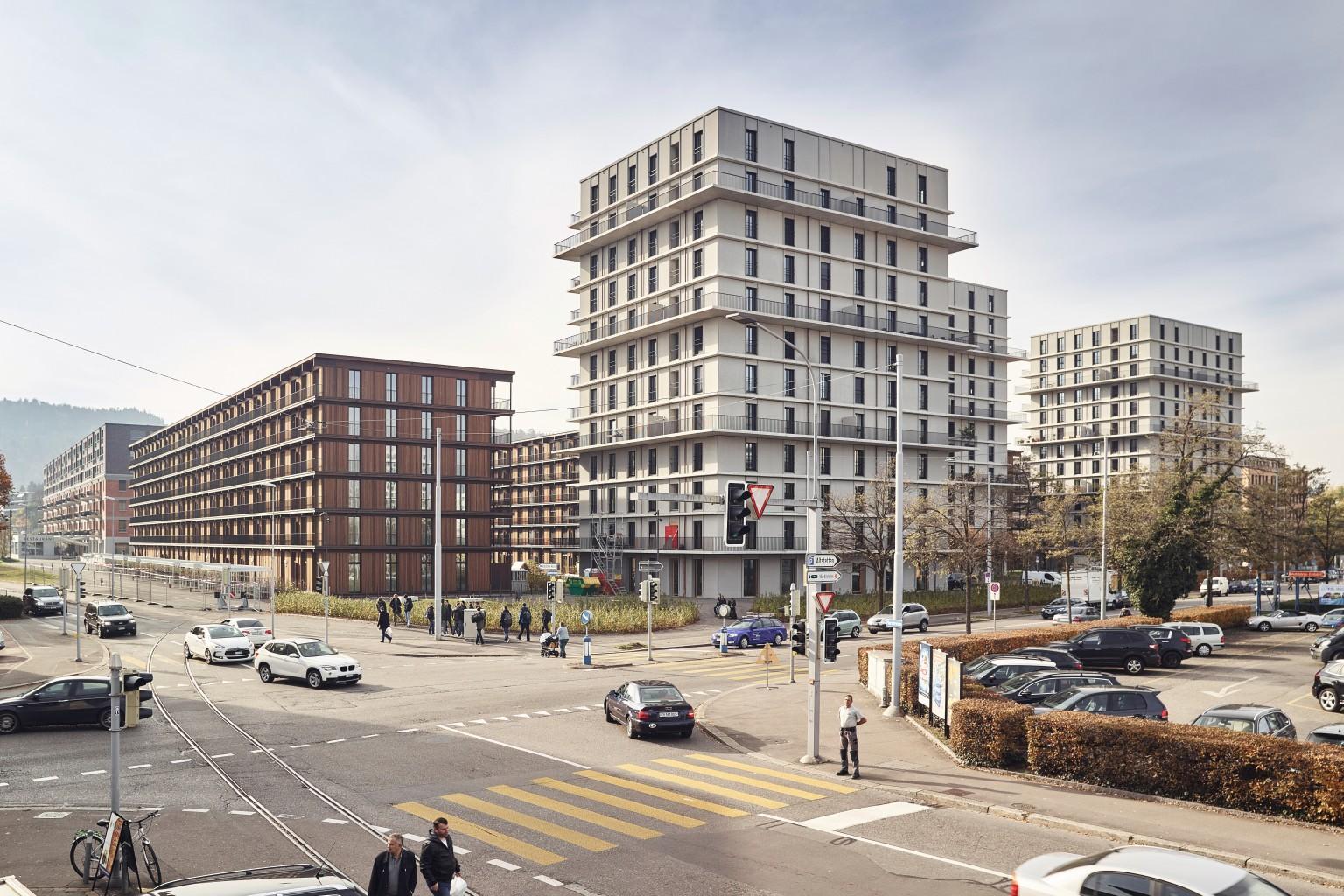 Tres edificios altos y cuatro edificios longitudinales forman parte del nuevo barrio urbano.