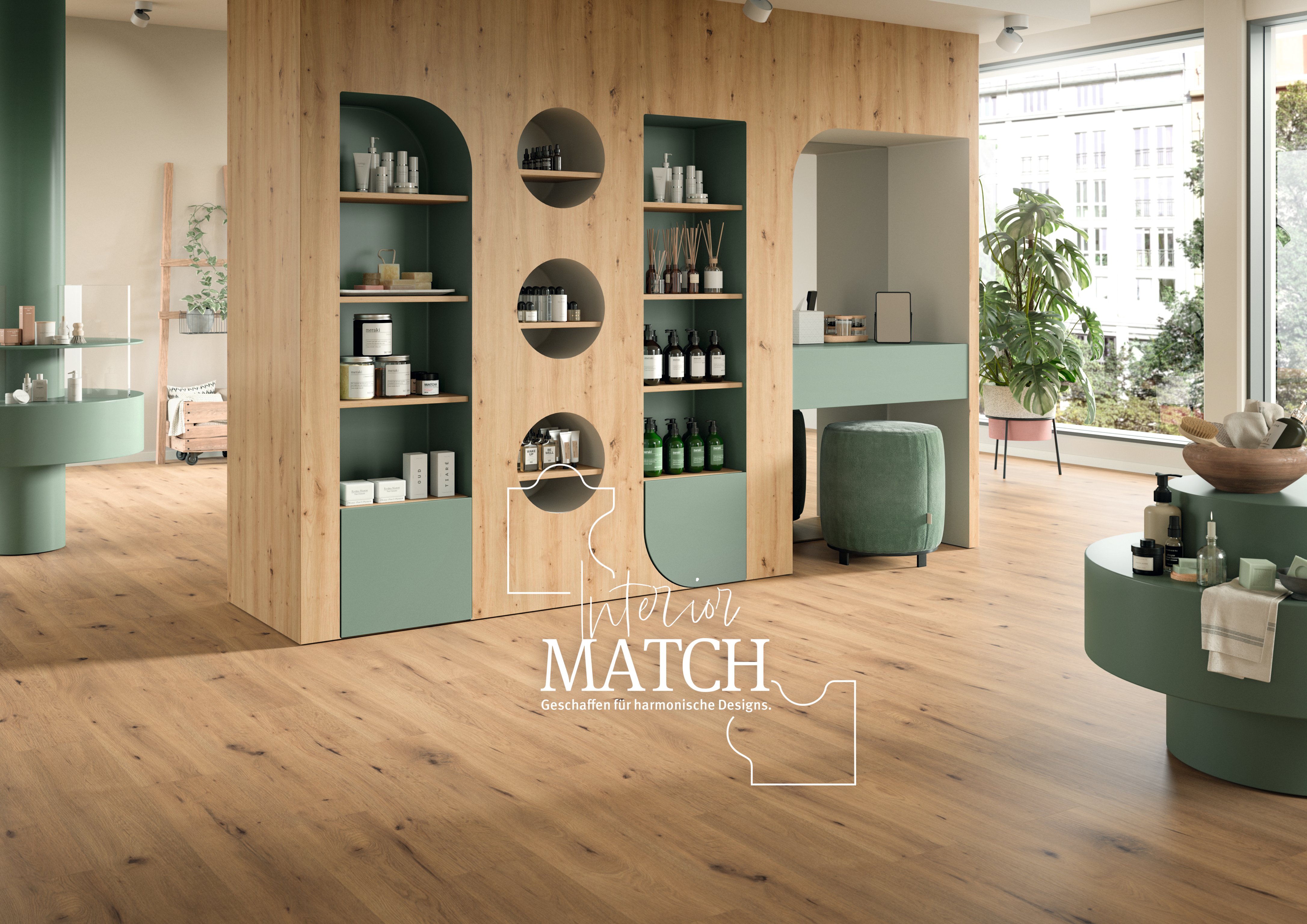 Interior Match in einem Concept Store: das Möbeldekor H1318 ST10 Wildeiche natur harmoniert mit dem Decor Match AquaDura Boden EDF200 Wildeiche natur. Interior Match in einem Concept Store: das Möbeldekor H1318 ST10 Wildeiche natur harmoniert mit dem Decor Match AquaDura Boden EDF200 Wildeiche natur.