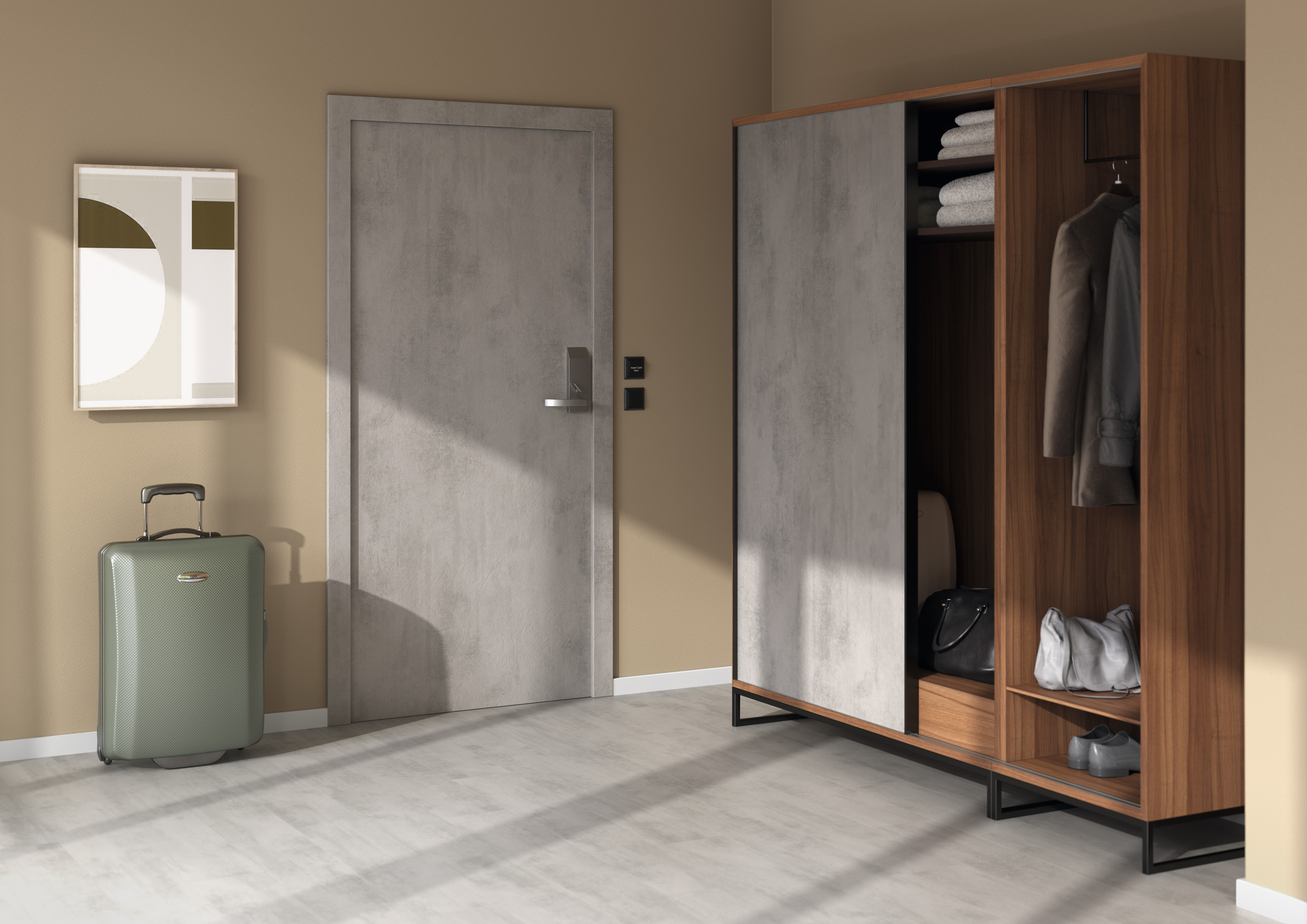 Domácí kancelář v Dekorové shodě: Dub divoký přírodní. Dveře: Laminát ve dveřním formátu | Podlaha: Podlaha řady Laminát