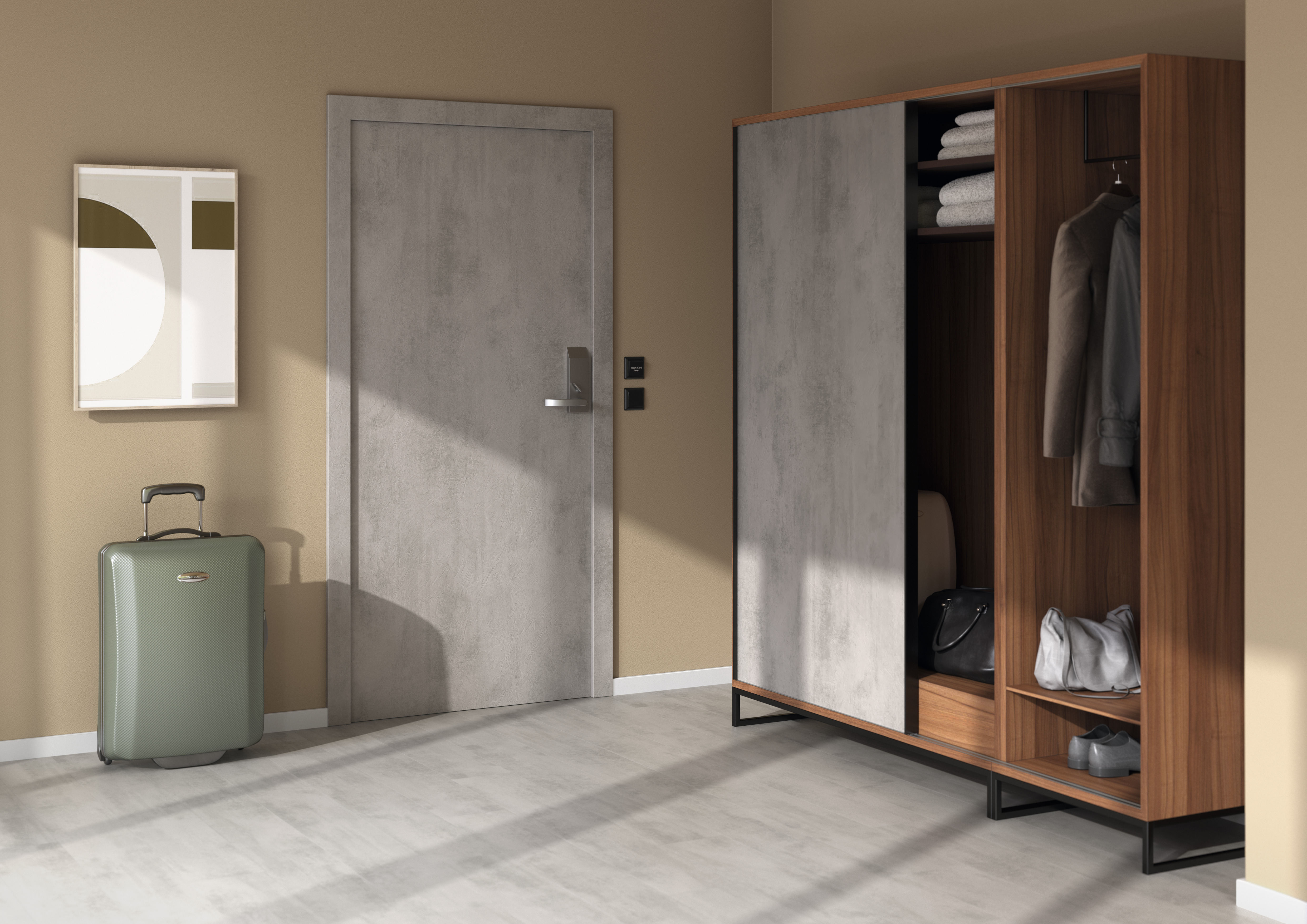 Decor Match hotel room: Chromix Silver. Door: Door size laminate | Wardrobe front: Eurodekor chipboard | Flooring: Design Flooring GreenTec