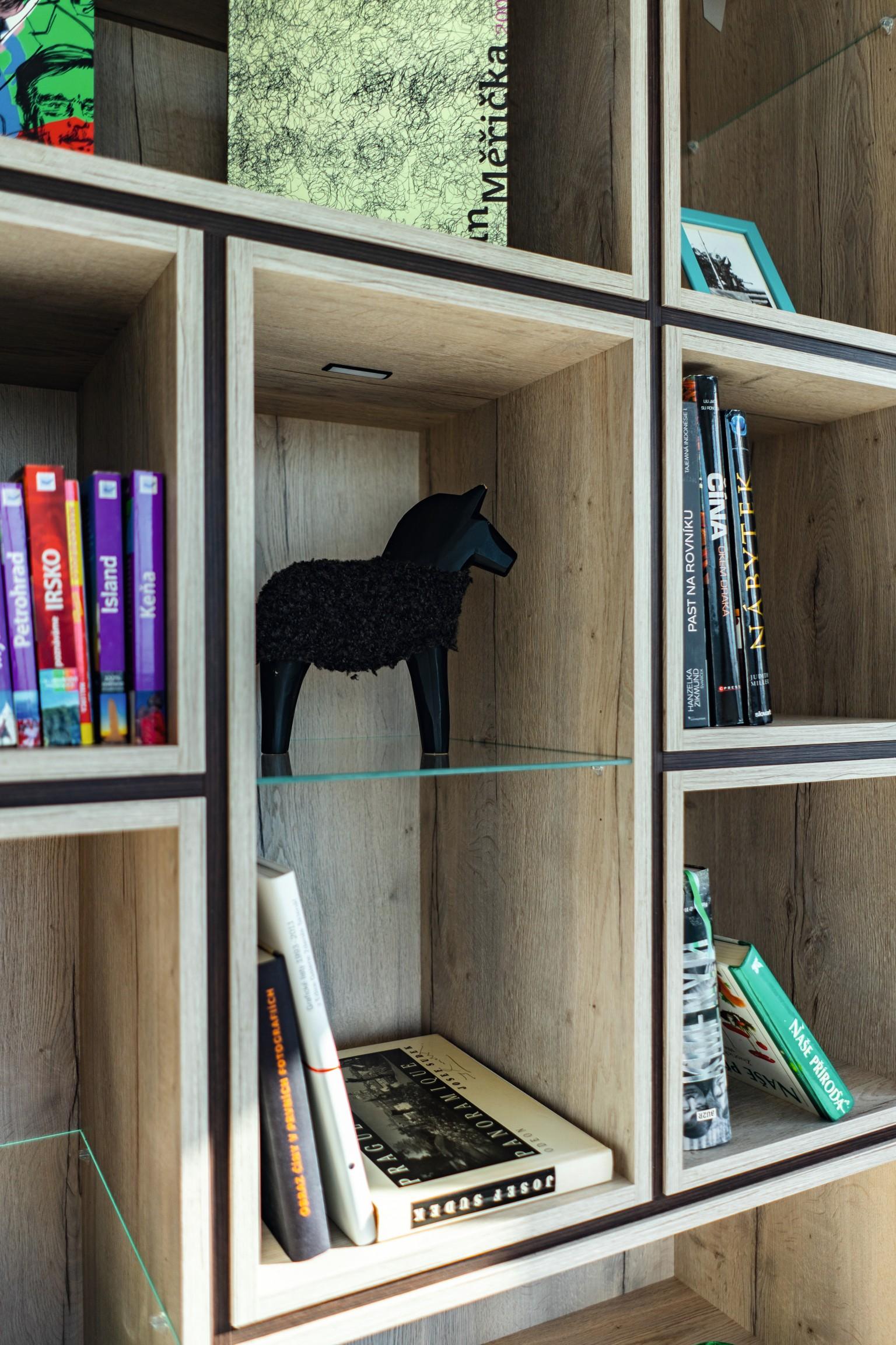 Das Bücherregal in einer Kombination aus heller Halifax Eiche und dunklem Holz.