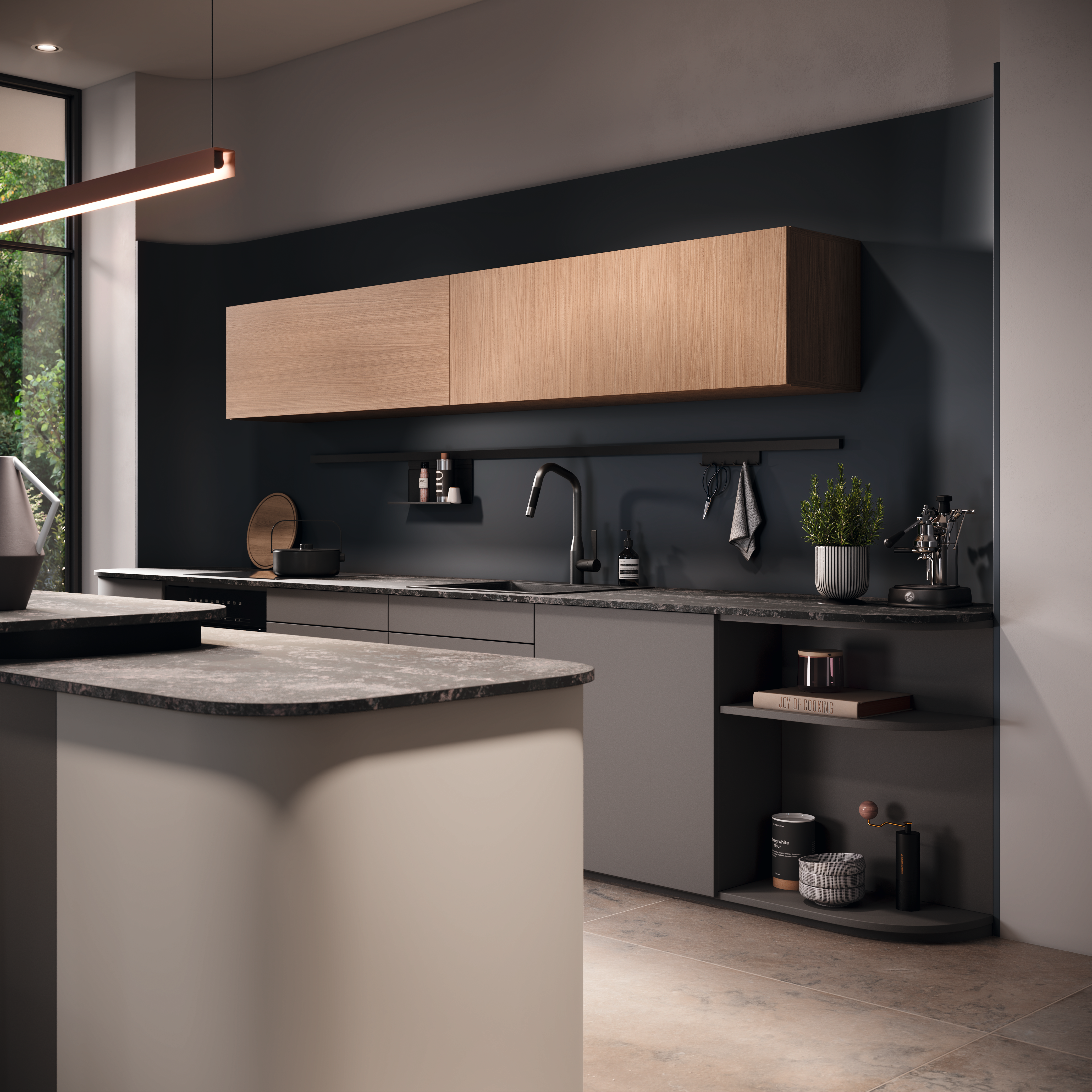 Kuchyňská linka v matném dekoru se zaoblenými tvary