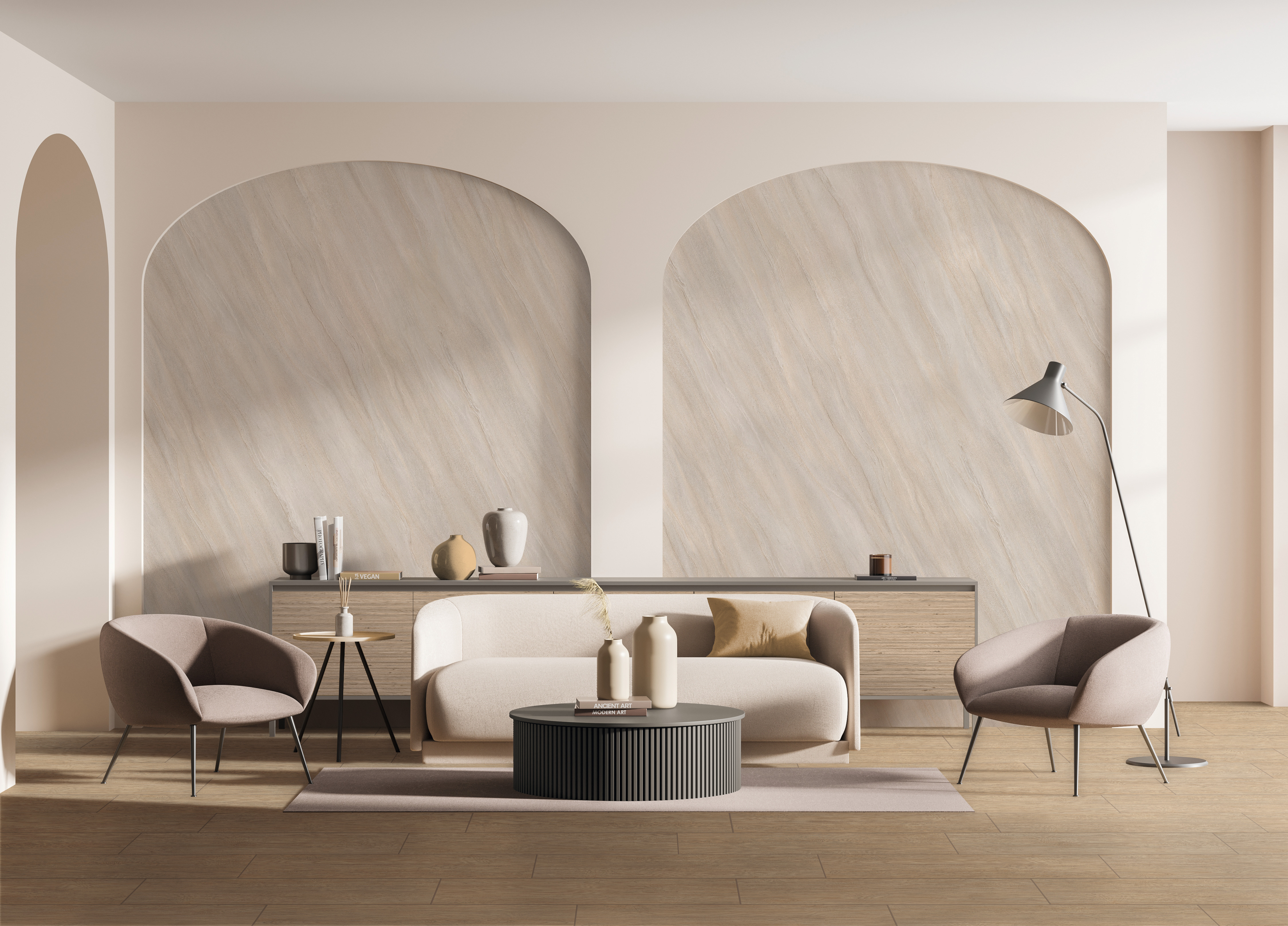 Soggiorno: F676 ST75 Pietra Calvia grigio sabbia abbinato a colori tenui