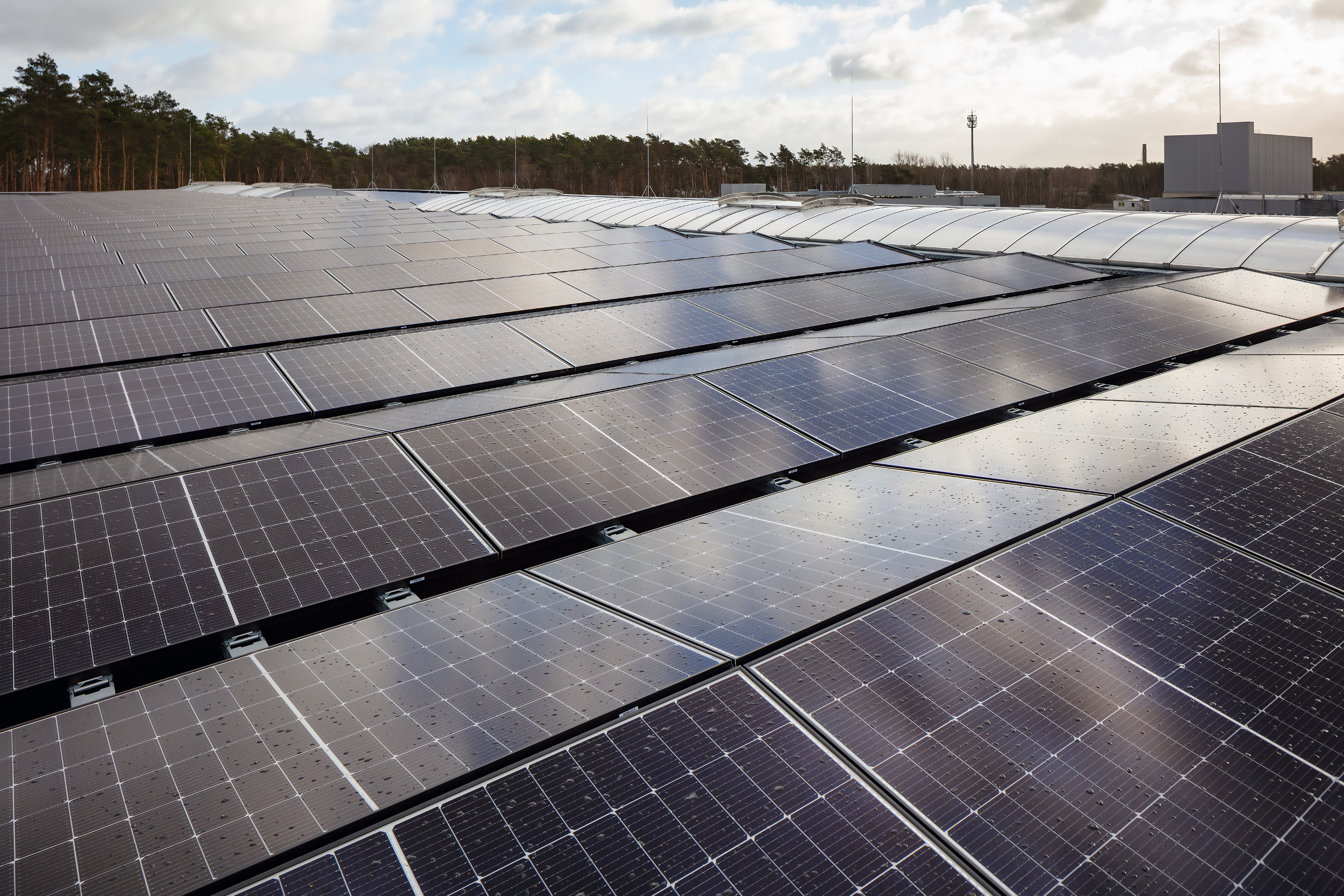 Photo de modules solaires sur un hall de production de l'usine EGGER de Gifhorn (Allemagne)