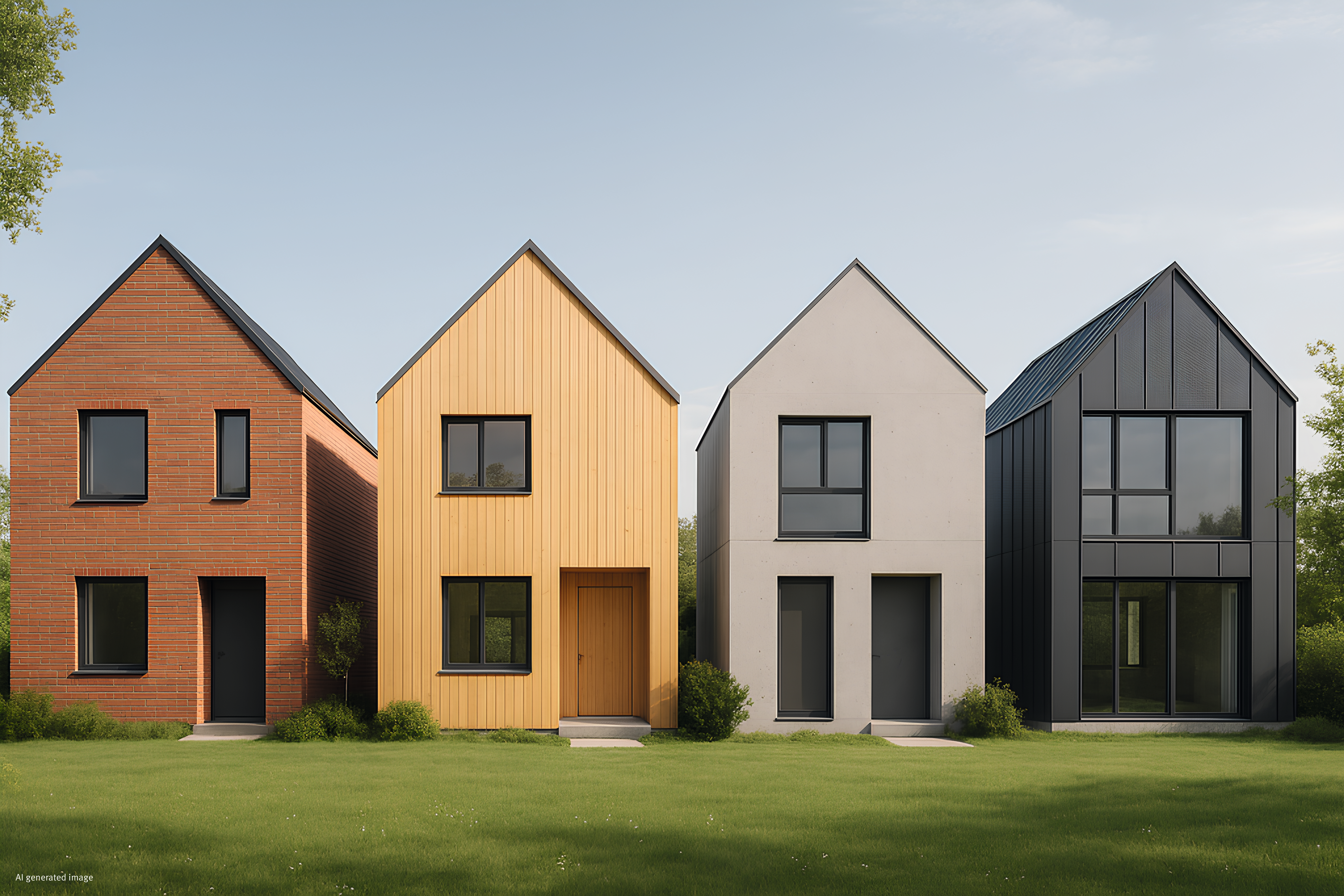 Vier Einfamilienhäuser in unterschiedlichen Bauweisen: Ziegel, Holz, Beton und Stahl