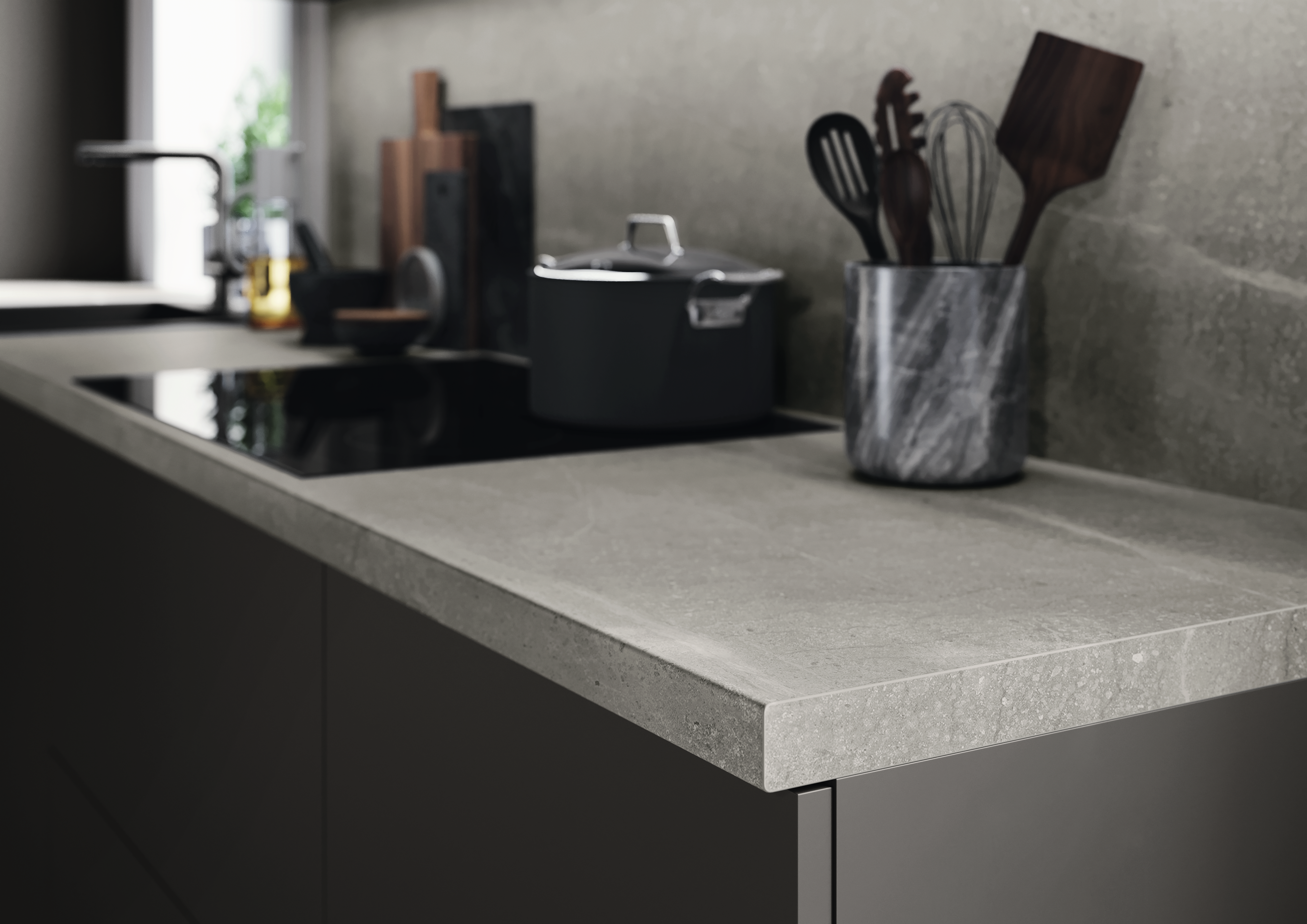 Imagen detalle de cocina con cubierta de trabajo en Mármol Gris Candela 