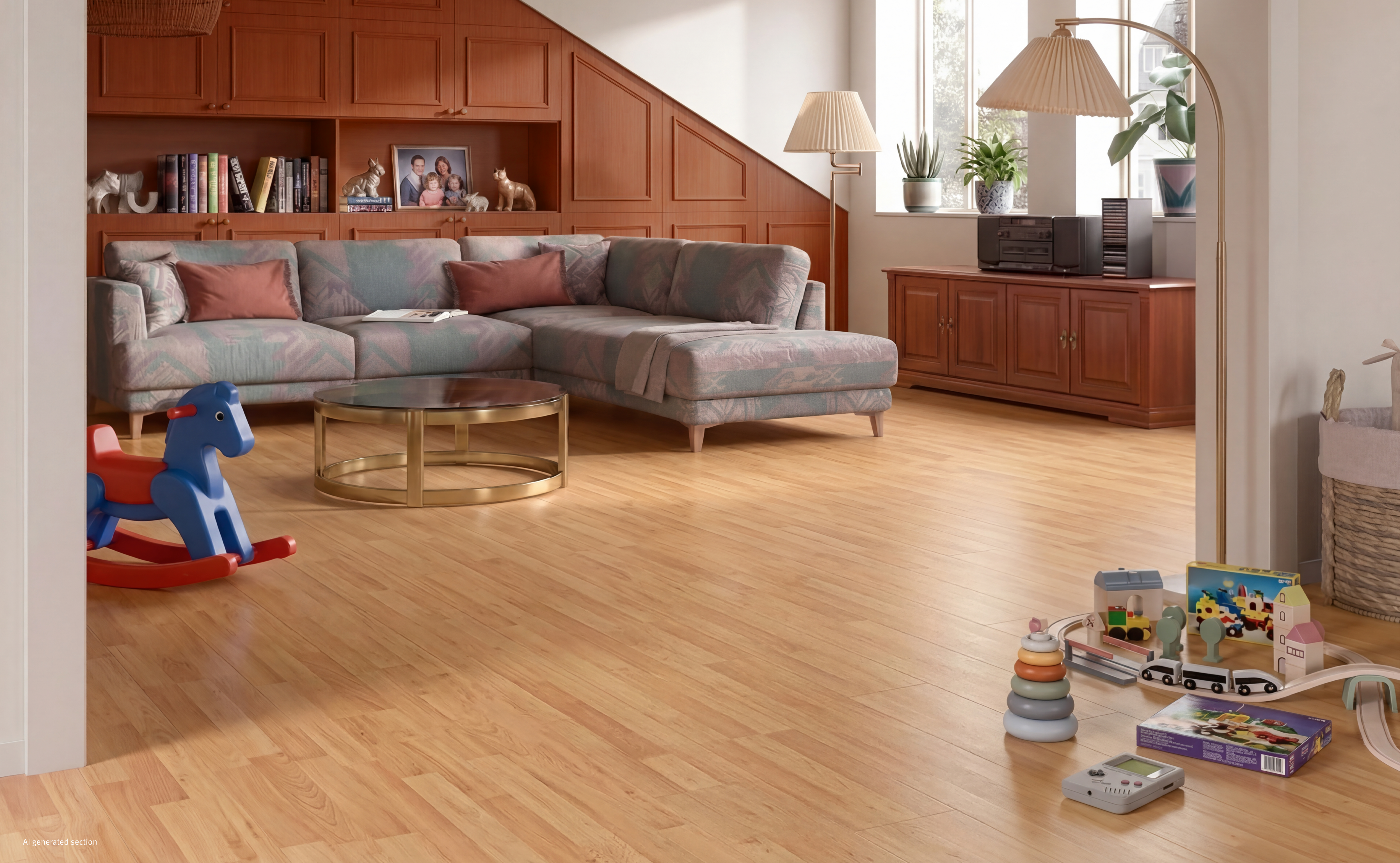 30 years of EGGER laminate flooring. A 90s-style living room. (AI generated)
