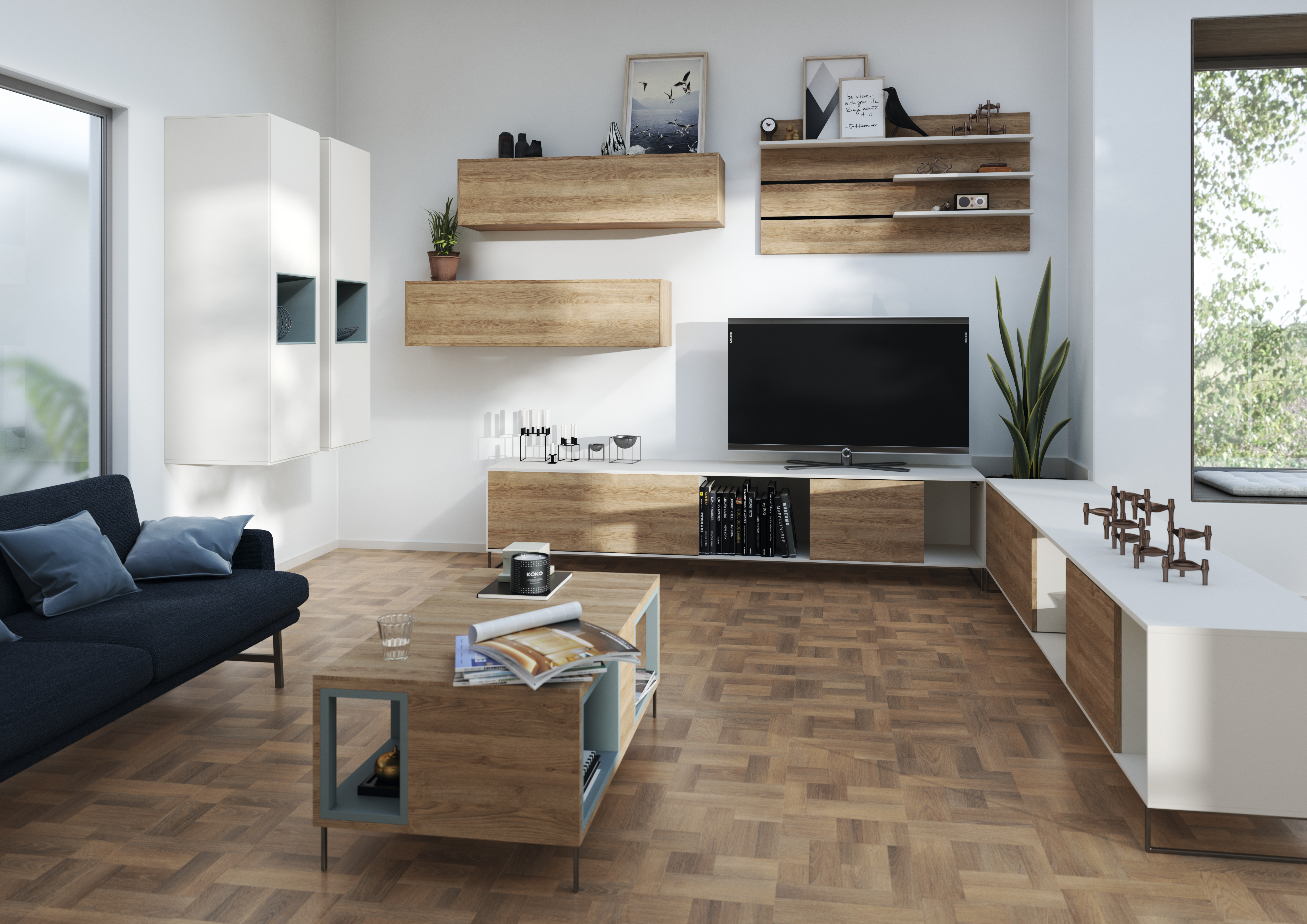 采用米灰色格莱斯顿橡木和阿卡尼米灰橡木色彩搭配的起居室。