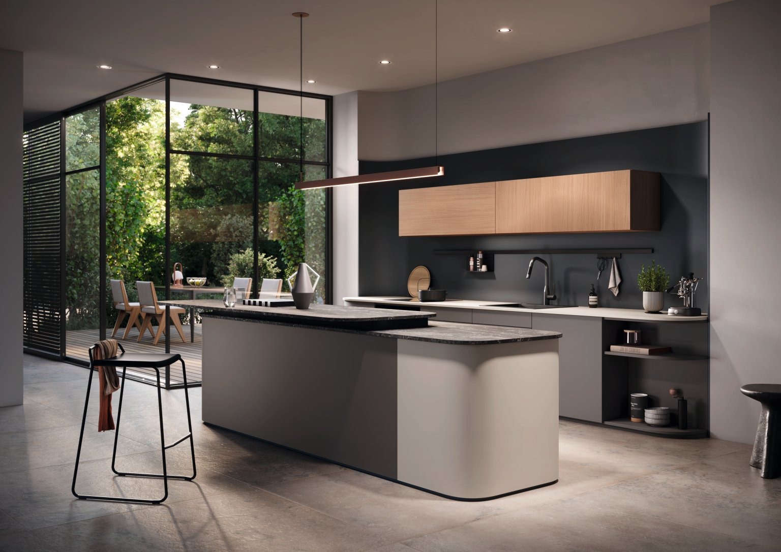 Cuisine contemporaine avec îlot central et plan de travail associant PerfectSense Ambiance Granite, PerfectSense Matt Deep Blue, PerfectSense Matt Angora Grey et PerfectSense Matt Black, complétée par des éléments décor Brighton Chestnut.