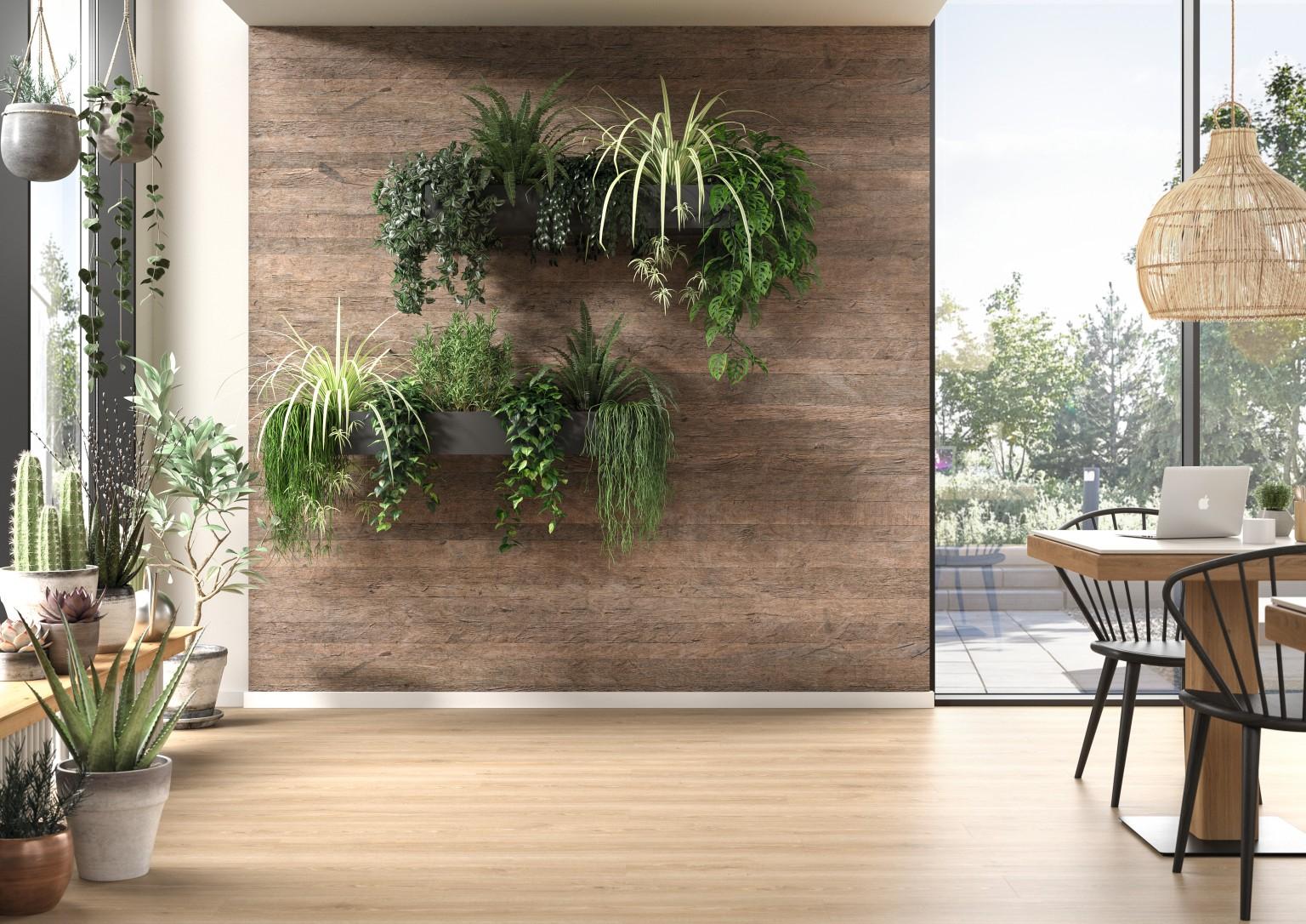Het natuurlijke wanddesign met DecoWall in het decor DO002 Annaba Eik Natuur en inbouw platnenbakken zorgt voor een harmonieus binnenklimaat. 