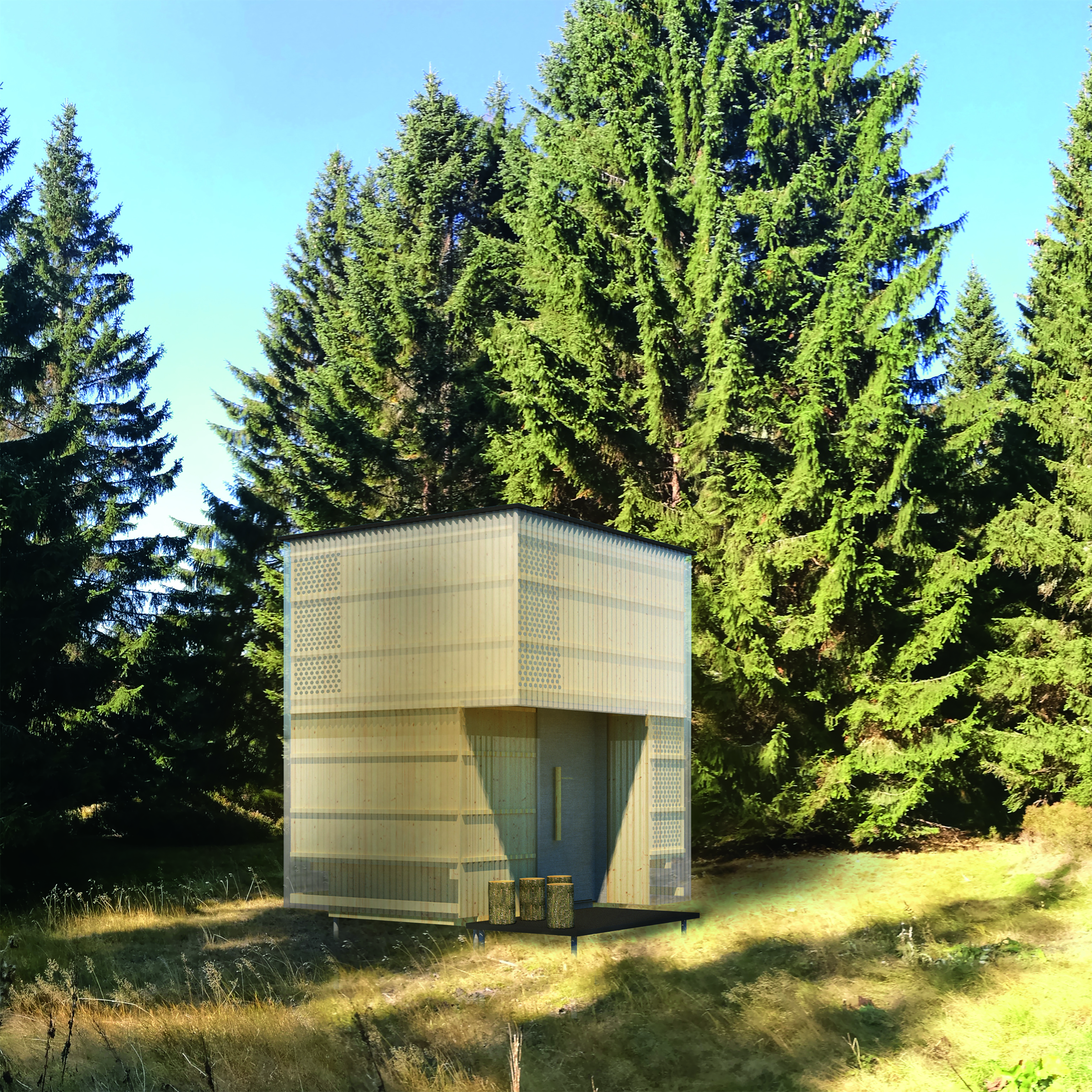 Jenga is based on individual modules made of wooden boards protected by a facade made of corrugated, transparent fibre glass.