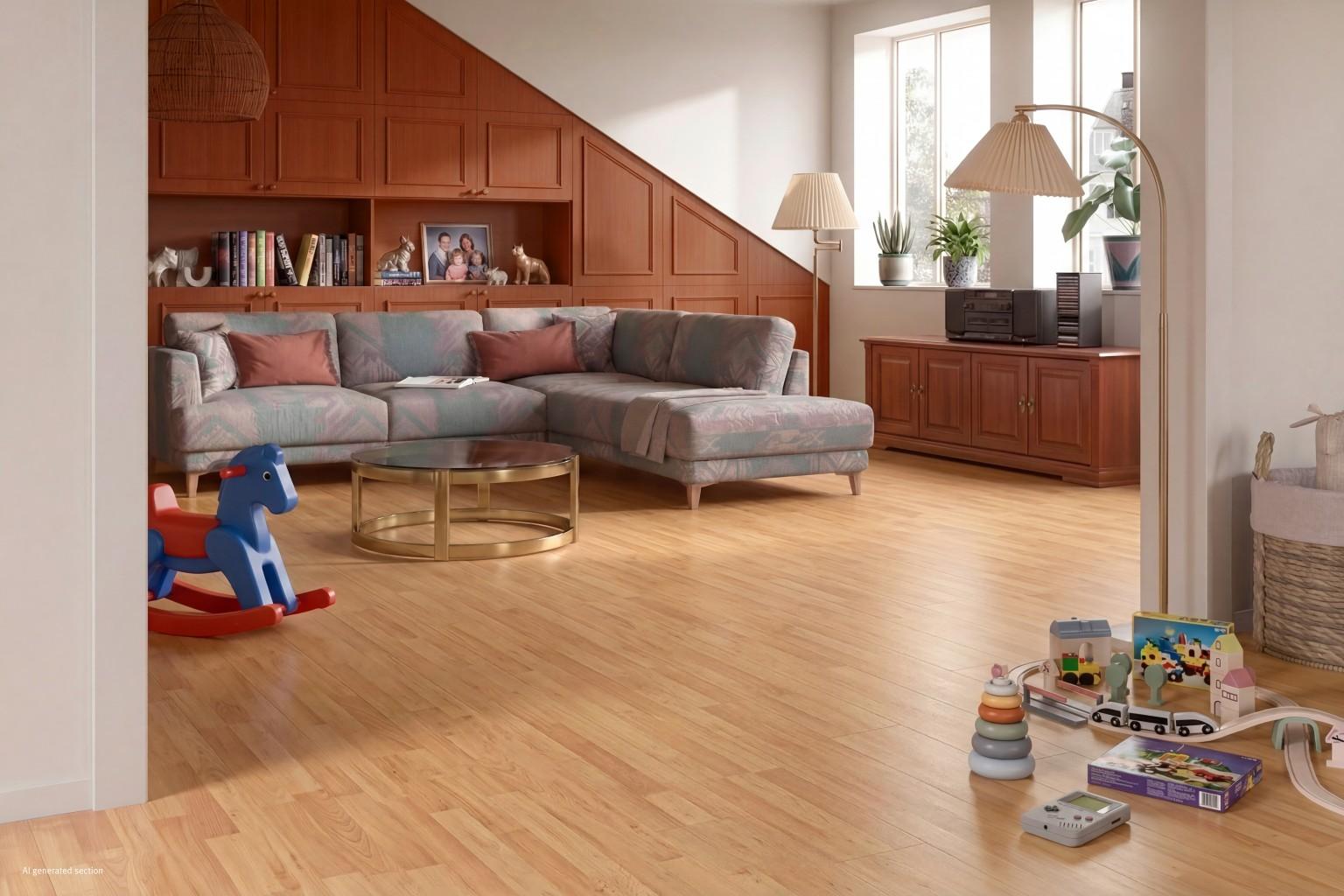 30 χρόνια EGGER πατώματα laminate. A 90s-style living room.