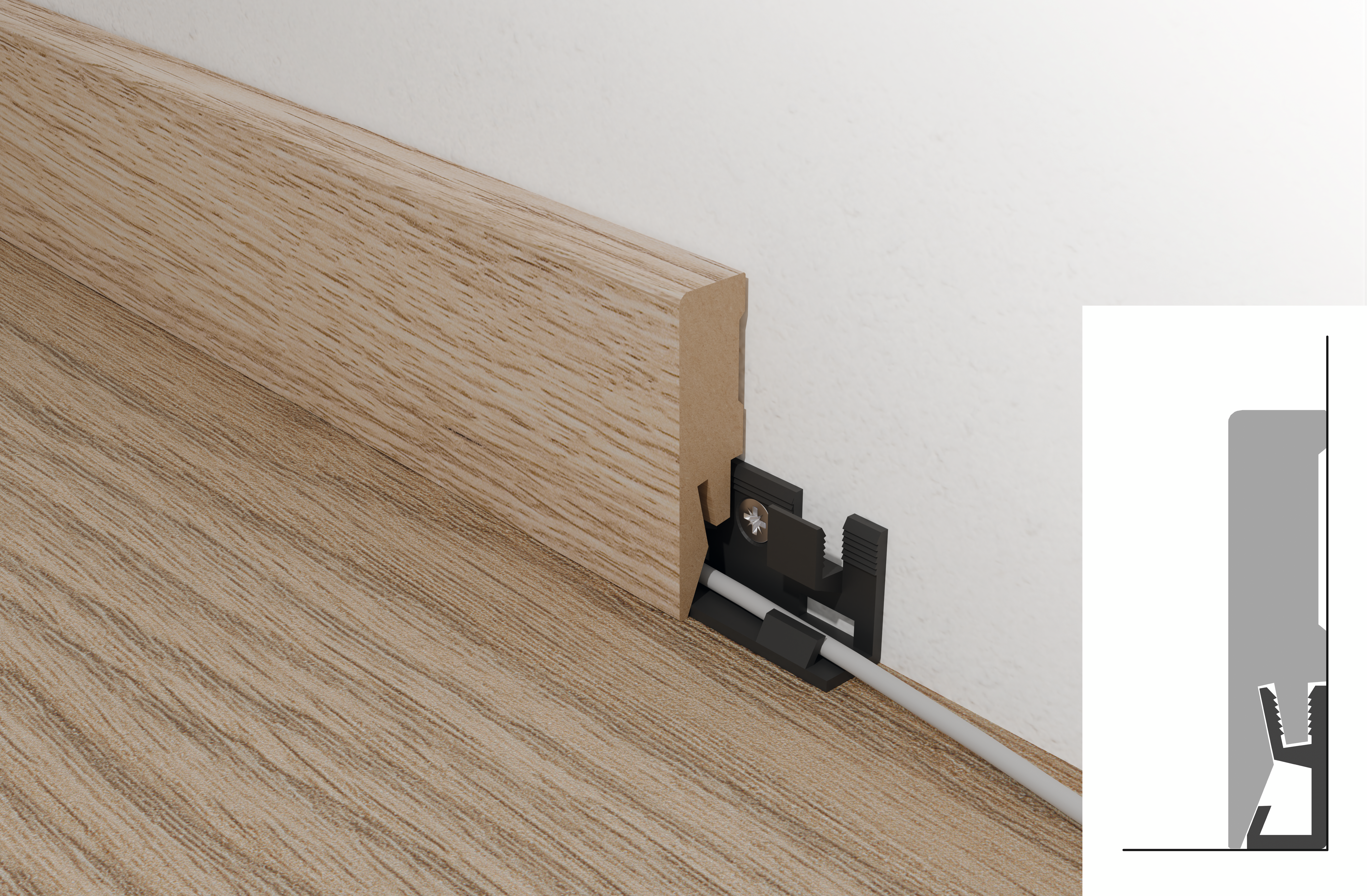 Cliphalter zur Montage einer Sockelleiste mit Kabelkanal