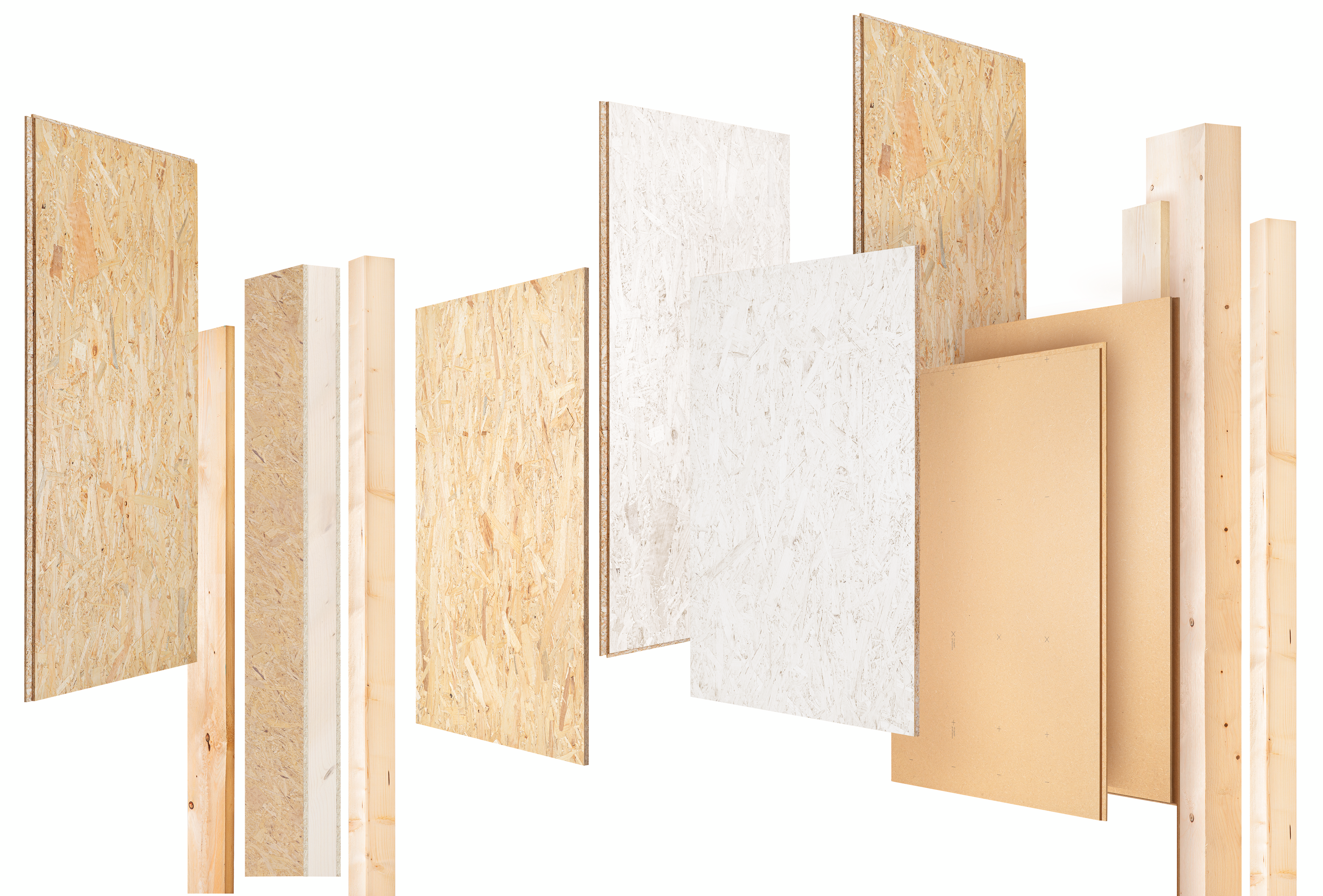 Produktübersicht der EGGER Bauprodukte: EcoBox, OSB Flammex, OSB, DHF, Schnittholz sowie die DecoWall