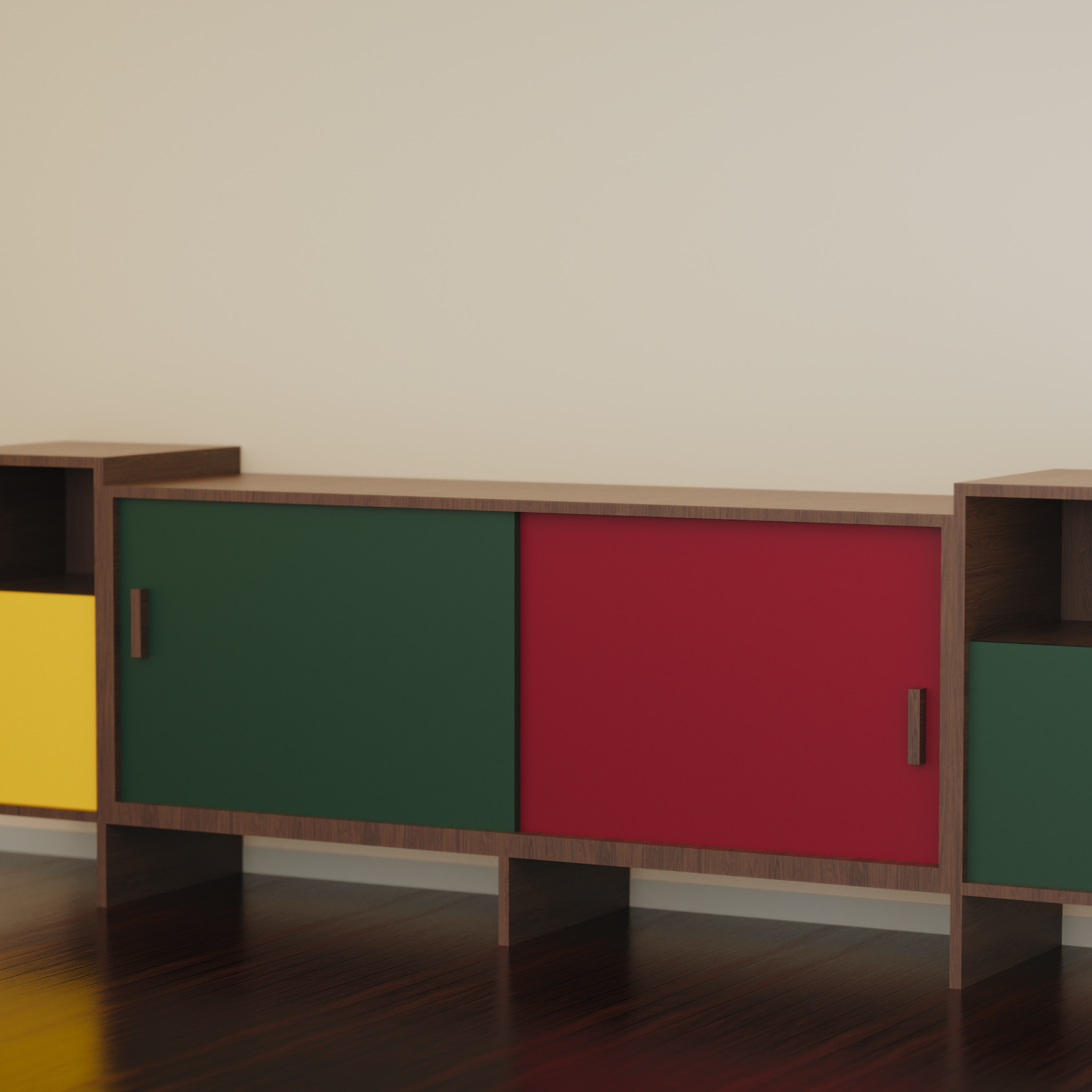 Enfilade média moderne LCP 101 avec un cadre en Chêne Casella brun (H1369 ST40) et des panneaux contrastants en Vert foncé (U699 ST9), Rouge Bordeaux (U311 ST9) et Jaune Tournesol (U114 ST9), conçue pour un salon