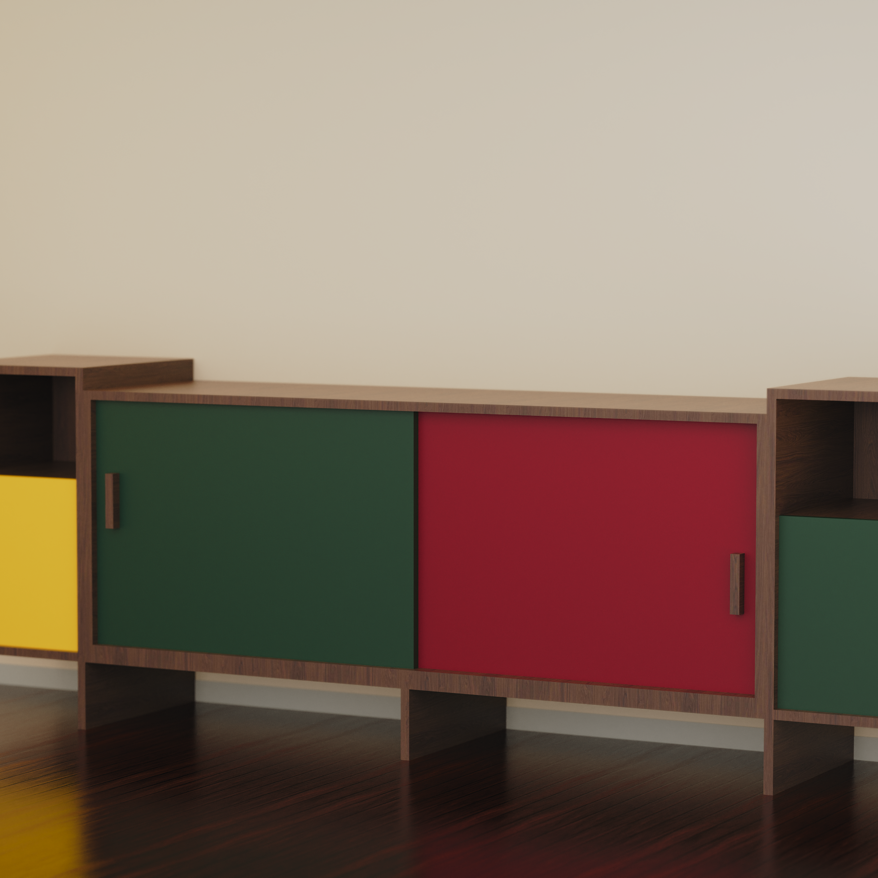 Enfilade média moderne LCP 101 avec un cadre en Chêne Casella brun (H1369 ST40) et des panneaux contrastants en Vert foncé (U699 ST9), Rouge Bordeaux (U311 ST9) et Jaune Tournesol (U114 ST9), conçue pour un salon