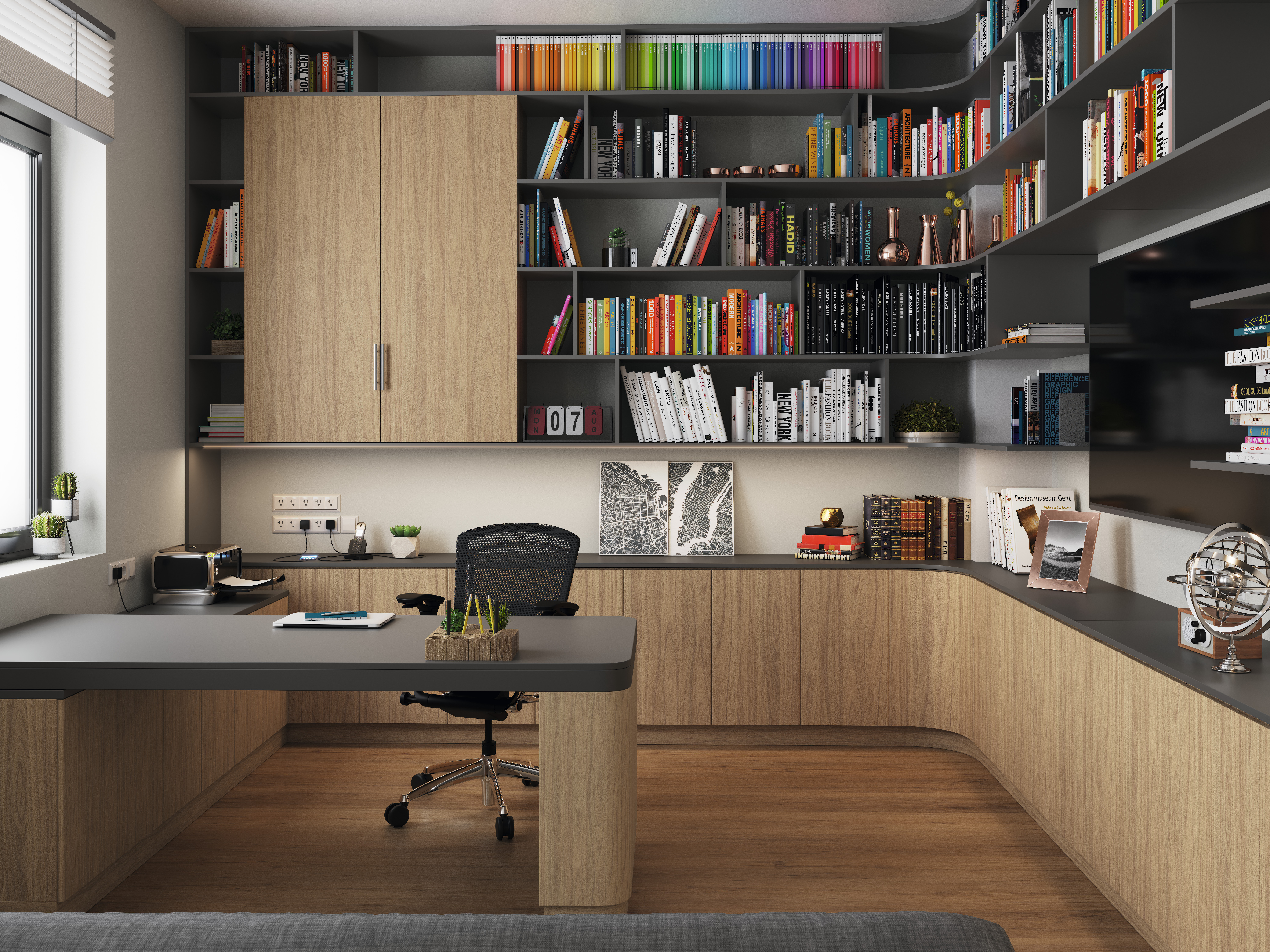 This office rendering shows EGGER laminates on a curved surface