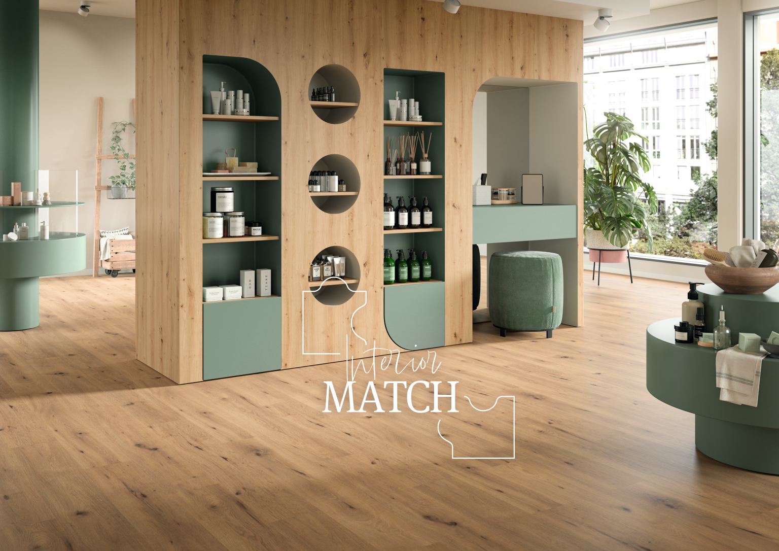 Interior Match in a concept store: the furniture decor H1367 ST40 Light Natural Casella Oak matches the Decor Match NatureSense Aqua+ flooring EL2151 Light Natural Casella Oak.