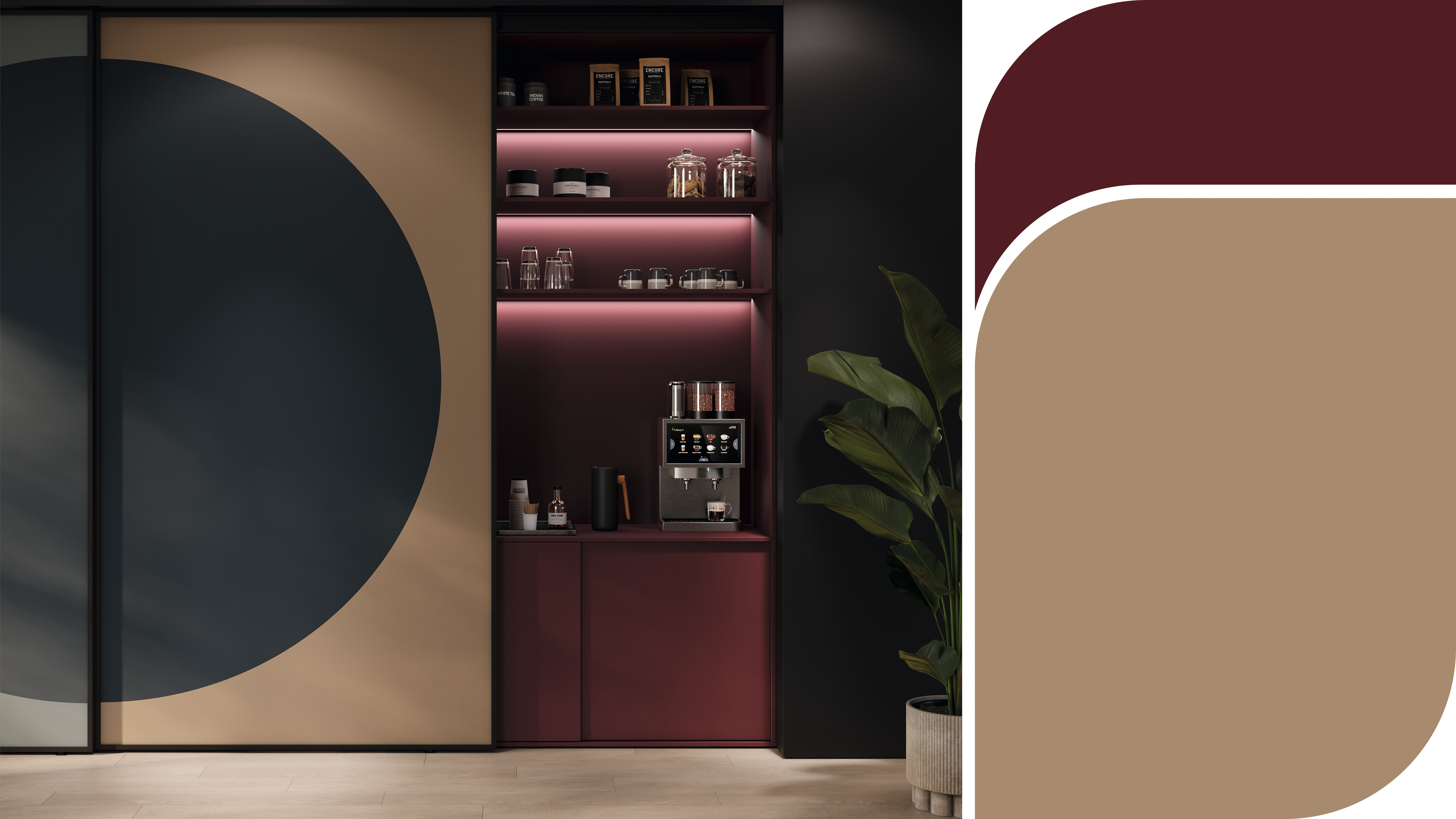 Coffee corner with the following decors: U399 PM/TM, U250 PM, U590 PM