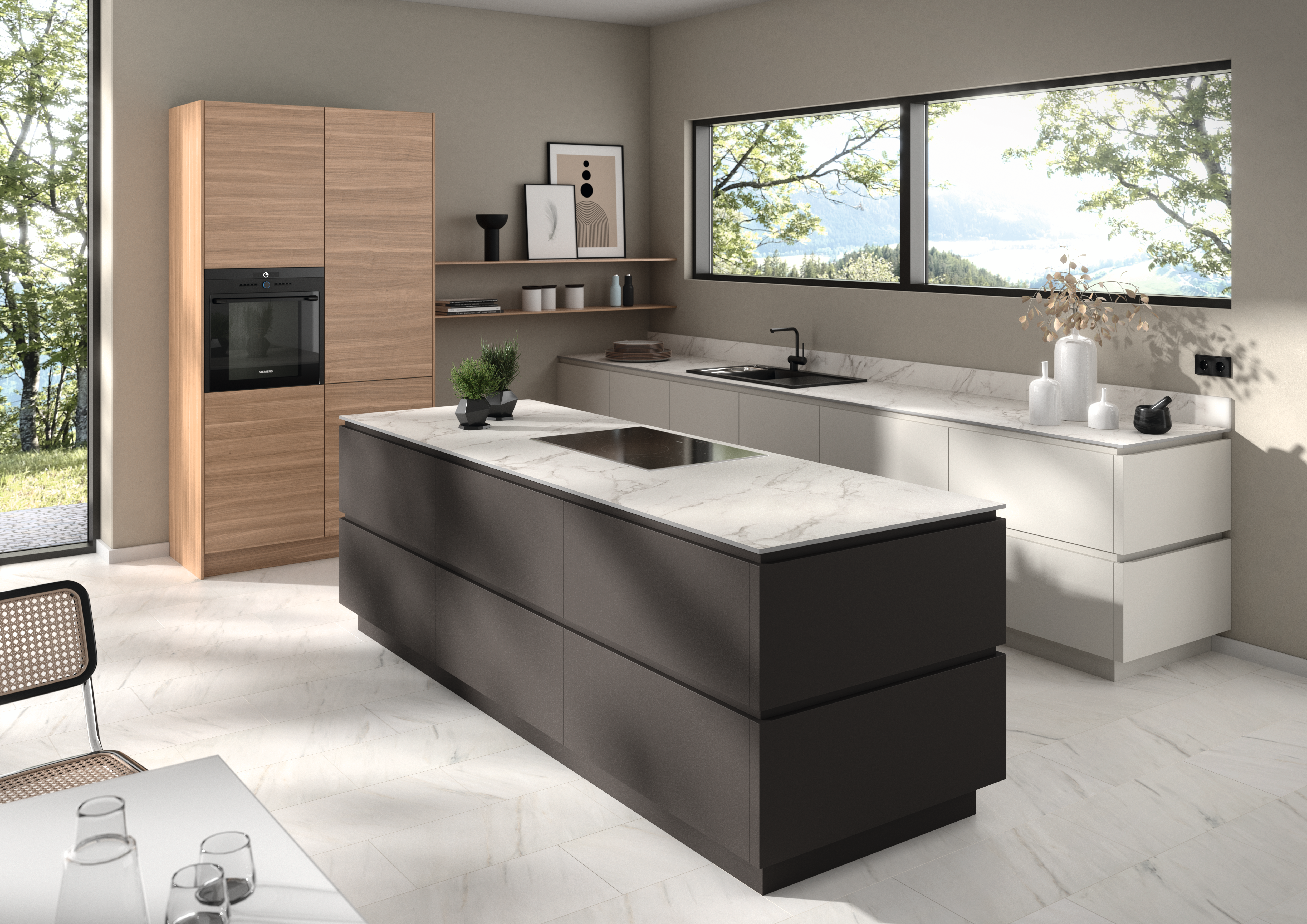 Kitchen with cooking island and matching flooring