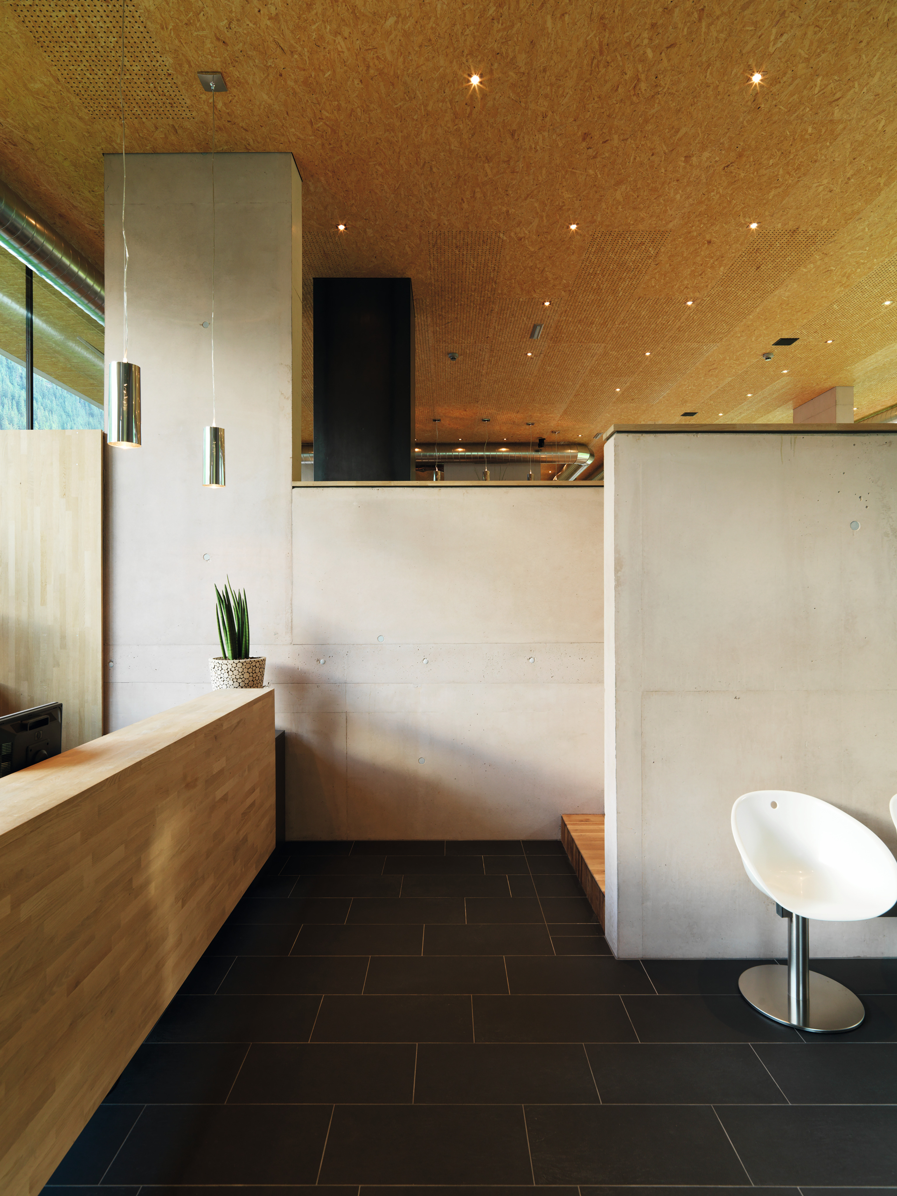 On the interior, the OSB boards were used as acoustically effective elements.