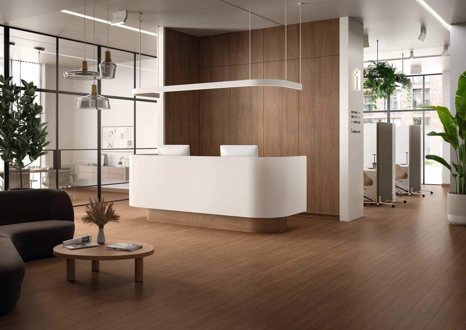Kahve Casella Meşe, EL2153 dekorunda EGGER NatureSense Aqua+ laminat parkenin kullanıldığı resepsiyon alanı.