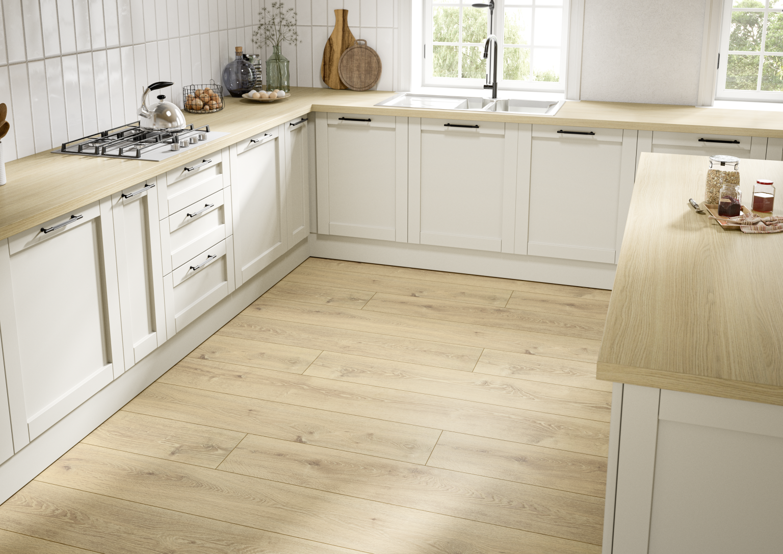 Pavimento laminado de fácil manutenção numa cozinha moderna com armários brancos e tampo de trabalho em madeira.