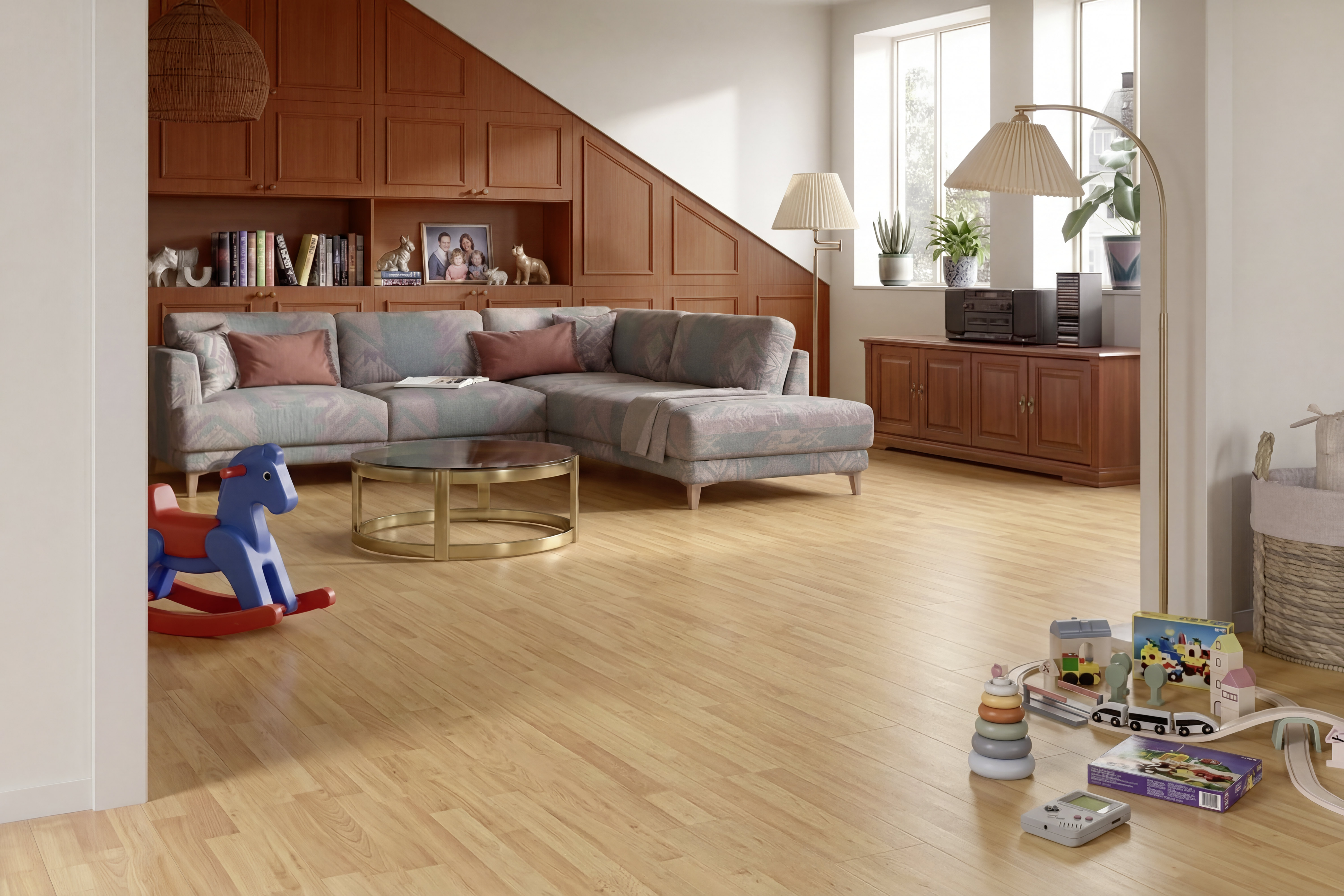 30 Jahre EGGER Laminatböden. Wohnzimmer im 90er Jahre-Stil. (von KI generiert)