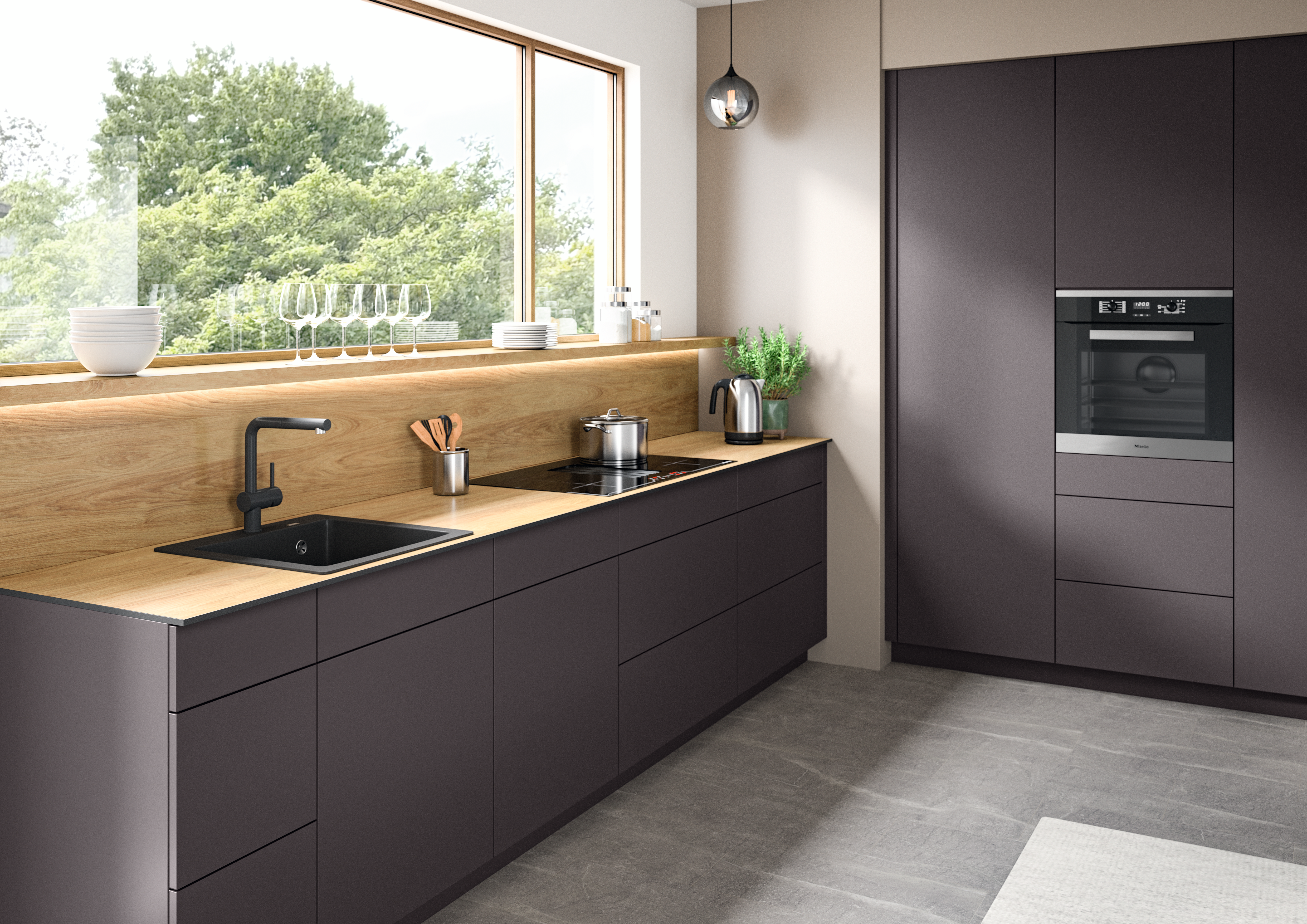 Elegant and contemporary kitchen with a compact laminate worktop in Natural Hickory